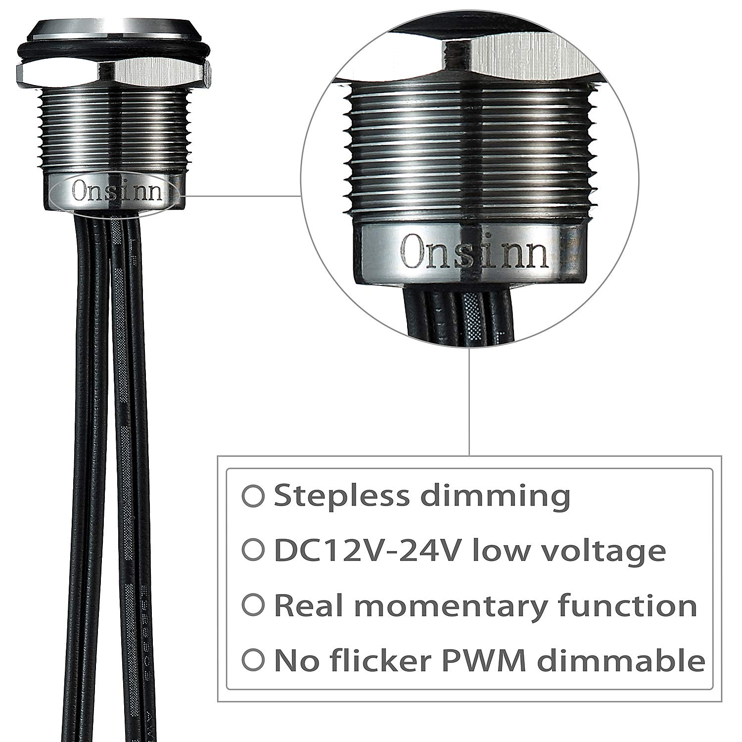 Momery Function 12V 24V Touch Dimmer Switch Blue Led for 16Mm 3/5'' Mounting Hole Lighting Control (16Mm Segmented Dim, Silver 1Pack)