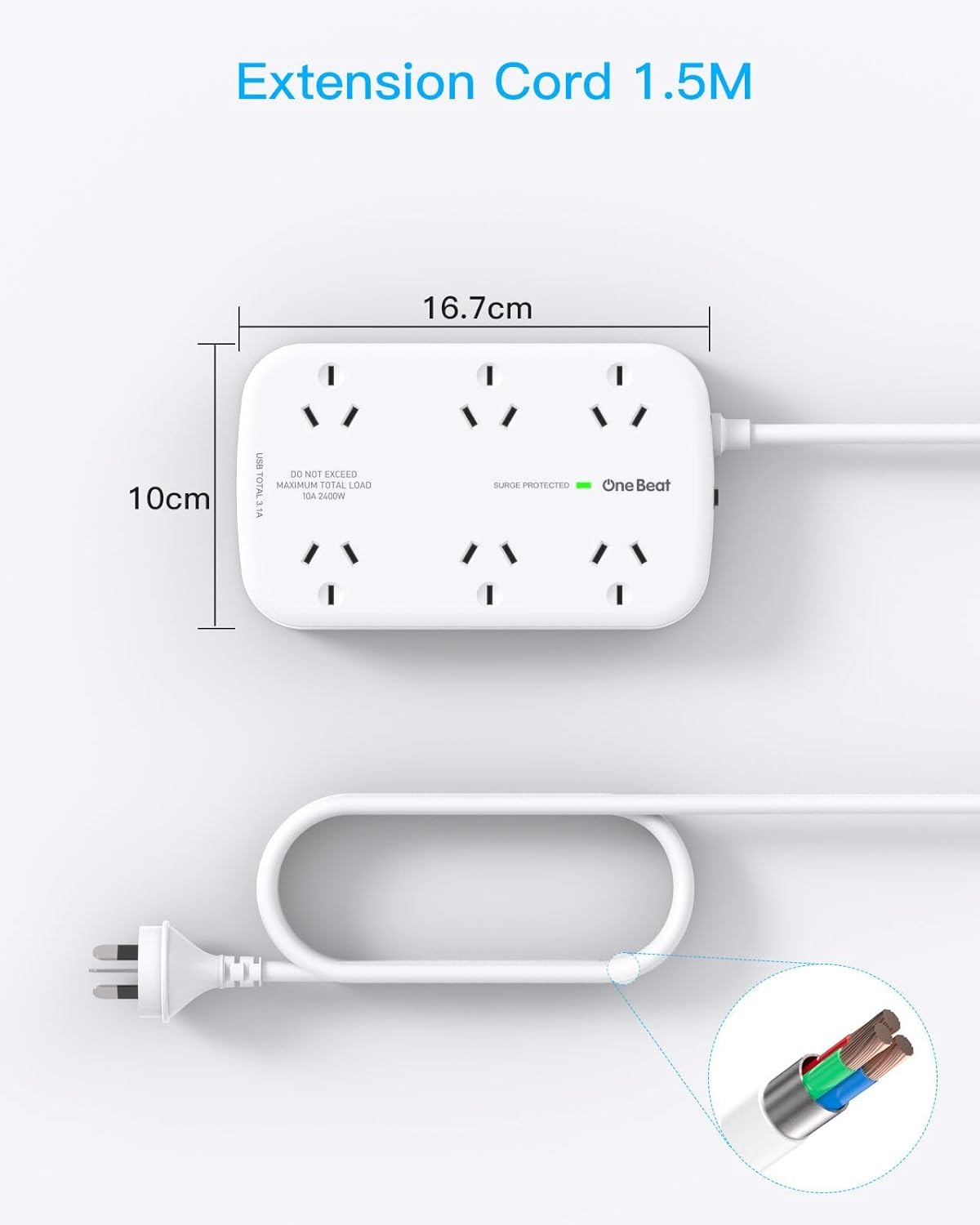 One Beat Surge Protected Power Board with 6 AC Outlets & 4 USB Ports (2&times;USB-C), 1.5M Extension Cord, AU Standard Travel Power Strip for Office, Dorm, Home Essentials image number 5