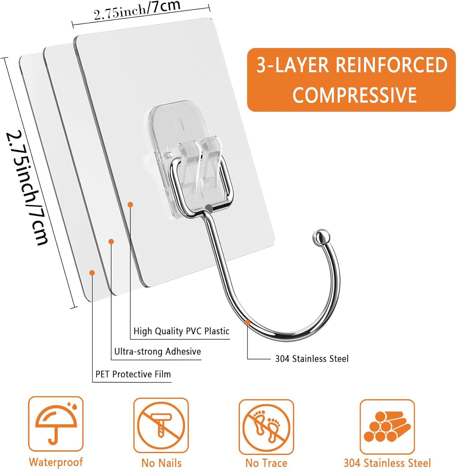 10 Pack Adhesive Wall Hooks for Hanging Heavy Duty 22 Lbs Hooks for Walls No Damage, Towel Sticky Clear Hooks, Waterproof, Home, Bathroom, Kitchen, Office, and Outdoor image number 1