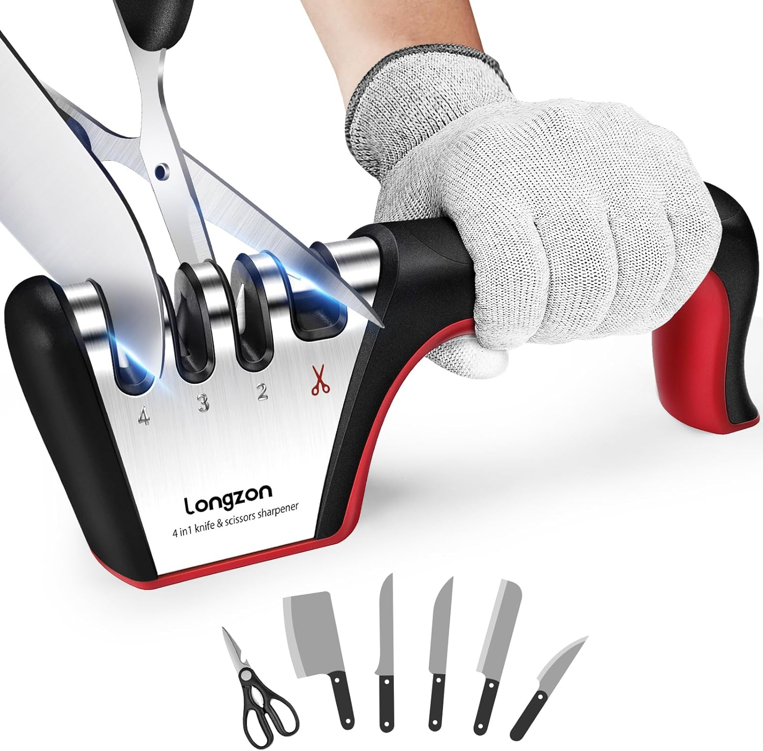 4-In-1 Longzon [4 Stage] Knife Sharpener with a Pair of Cut-Resistant Glove, Original Premium Polish Blades, Best Kitchen Knife Sharpener Really Works for Ceramic and Steel Knives, Scissors.