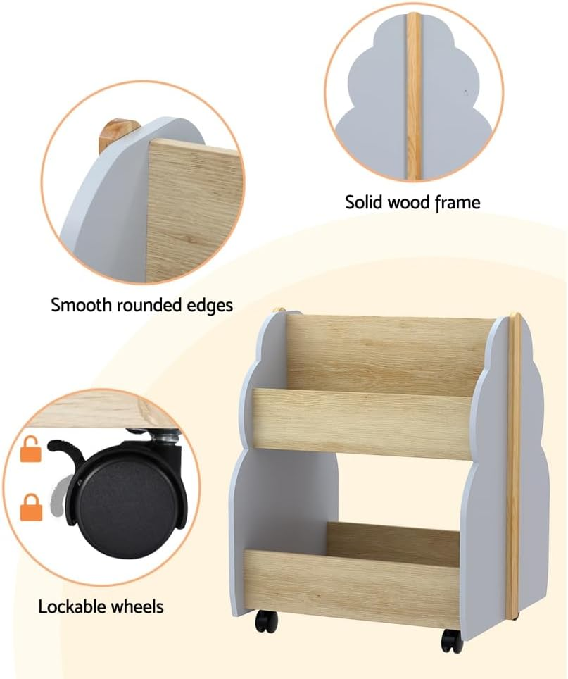 Keezi Kids Toy Box, 2 Tiers Bookshelf Children Toys Storage Organiser Bookcase Furniture Multifunctional Activity Play Living Room Bedroom Decor, MDF with 2 Wheels White image number 1