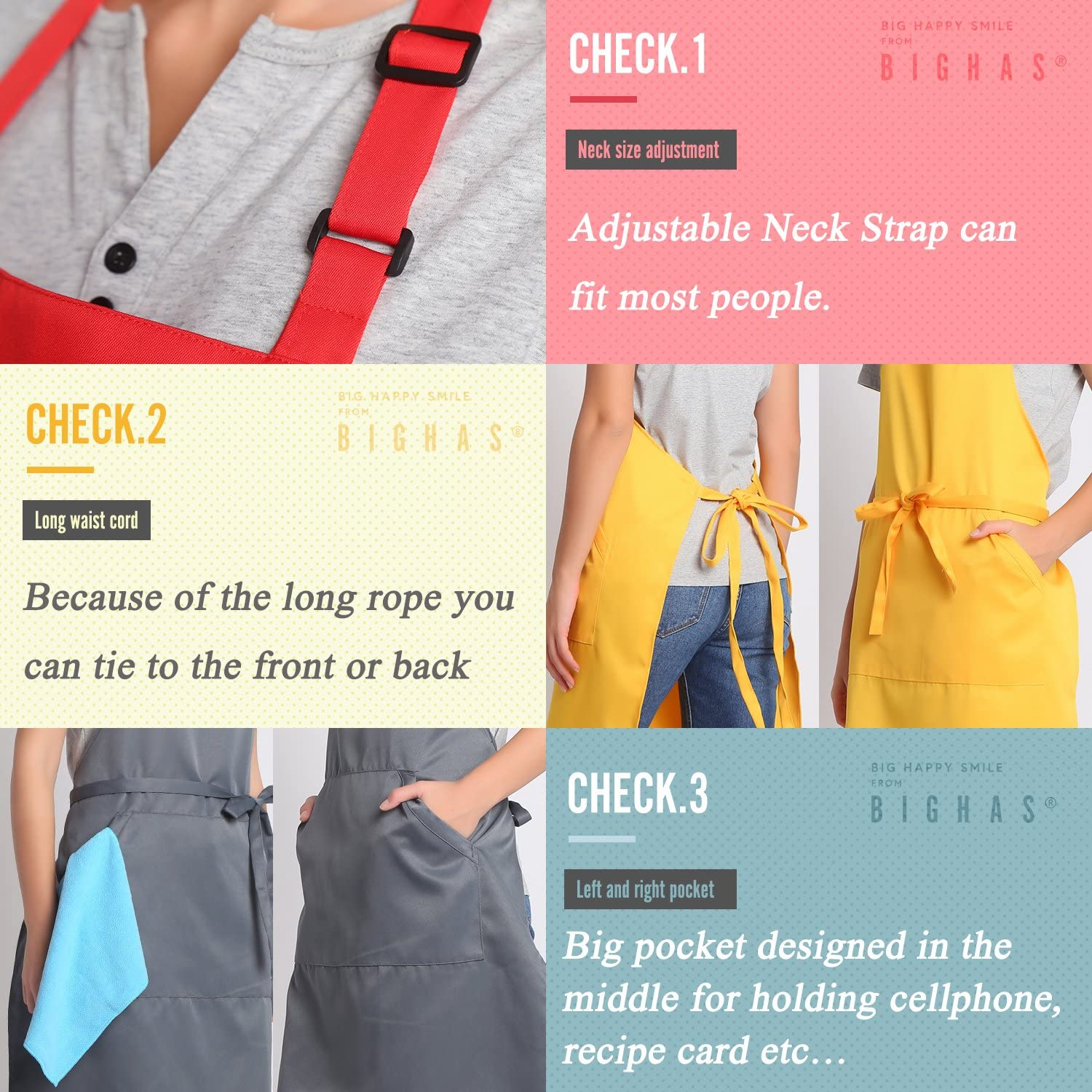 BIGHAS Adjustable Bib Apron with Pocket Extra Long Ties for Women Men, 18 Colors, Chef, Kitchen, Home, Restaurant, Cafe, Cooking, Baking (Bronze Green) image number 4