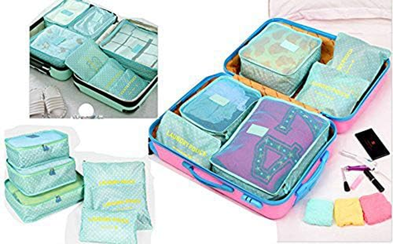 Go2Buy 6Pcs Travel Luggage Organizer Set Backpack Storage Pouches Suitcase Packing Bags (Green Dot)