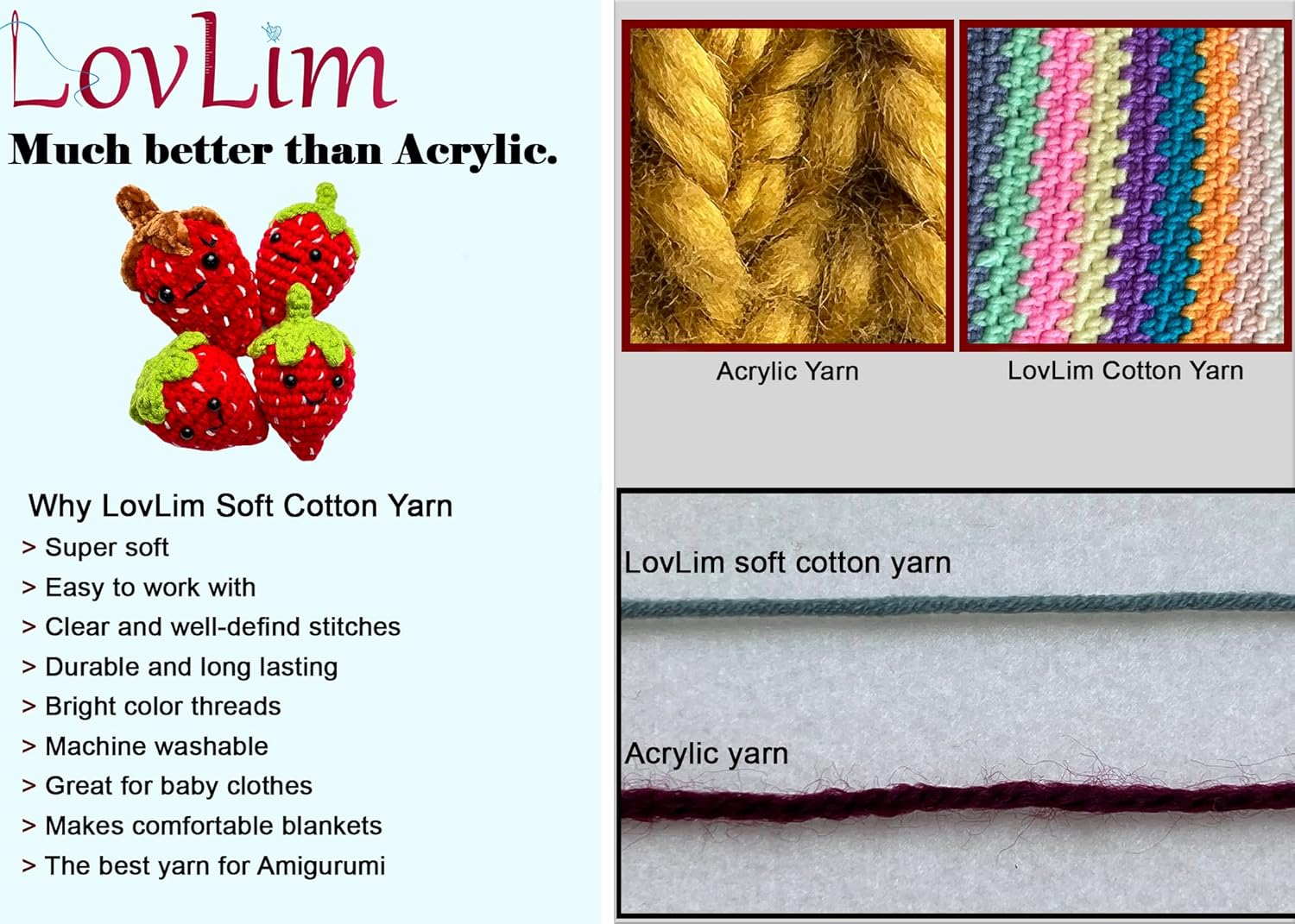 Lovlim Crochet Yarn Kit, 16 Soft Cotton Yarn Skeins,1000+ Yards, for Crochet and Knitting, Free Crochet/Amigurumi Patterns, Craft DK Yarn Perfect Starter Kit