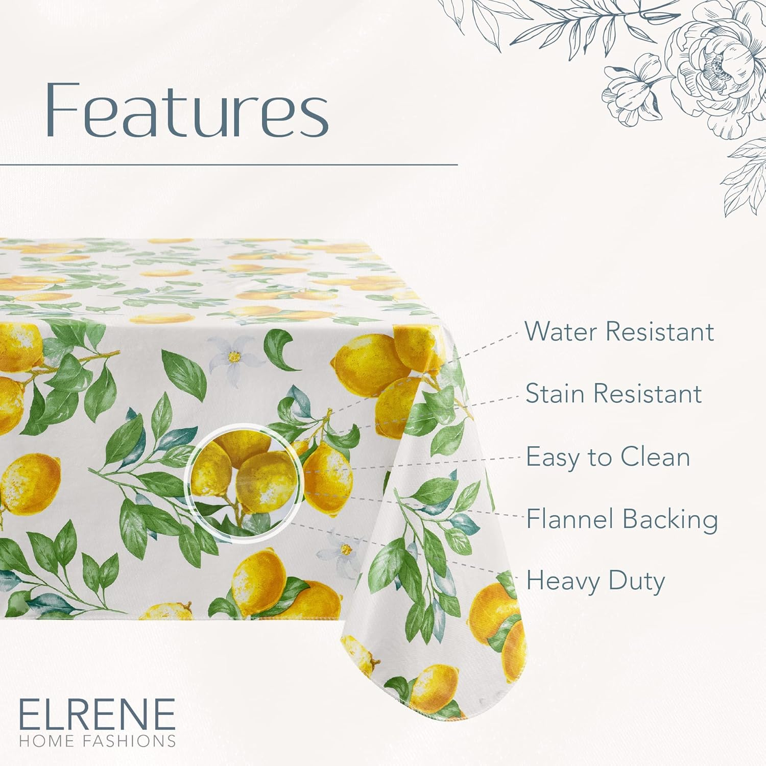 Elrene Home Fashions Vintage Lemon and Citrus Blooms Water- and Stain-Resistant Vinyl Tablecloth with Flannel Backing, 60 Inches X 84 Inches, Rectangle image number 4