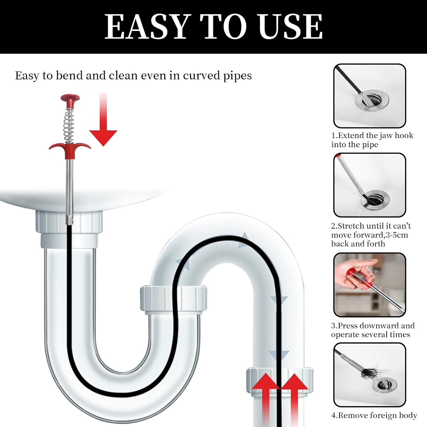 Pack of 2 Drain Spiral 90 Cm / 200 Cm, Flexible Gripper Claw Gripper, Pipe Cleaning Spiral, Stainless Steel Flexible Telescopic Gripper for Kitchen, Bathroom and Sewage Channels image number 6