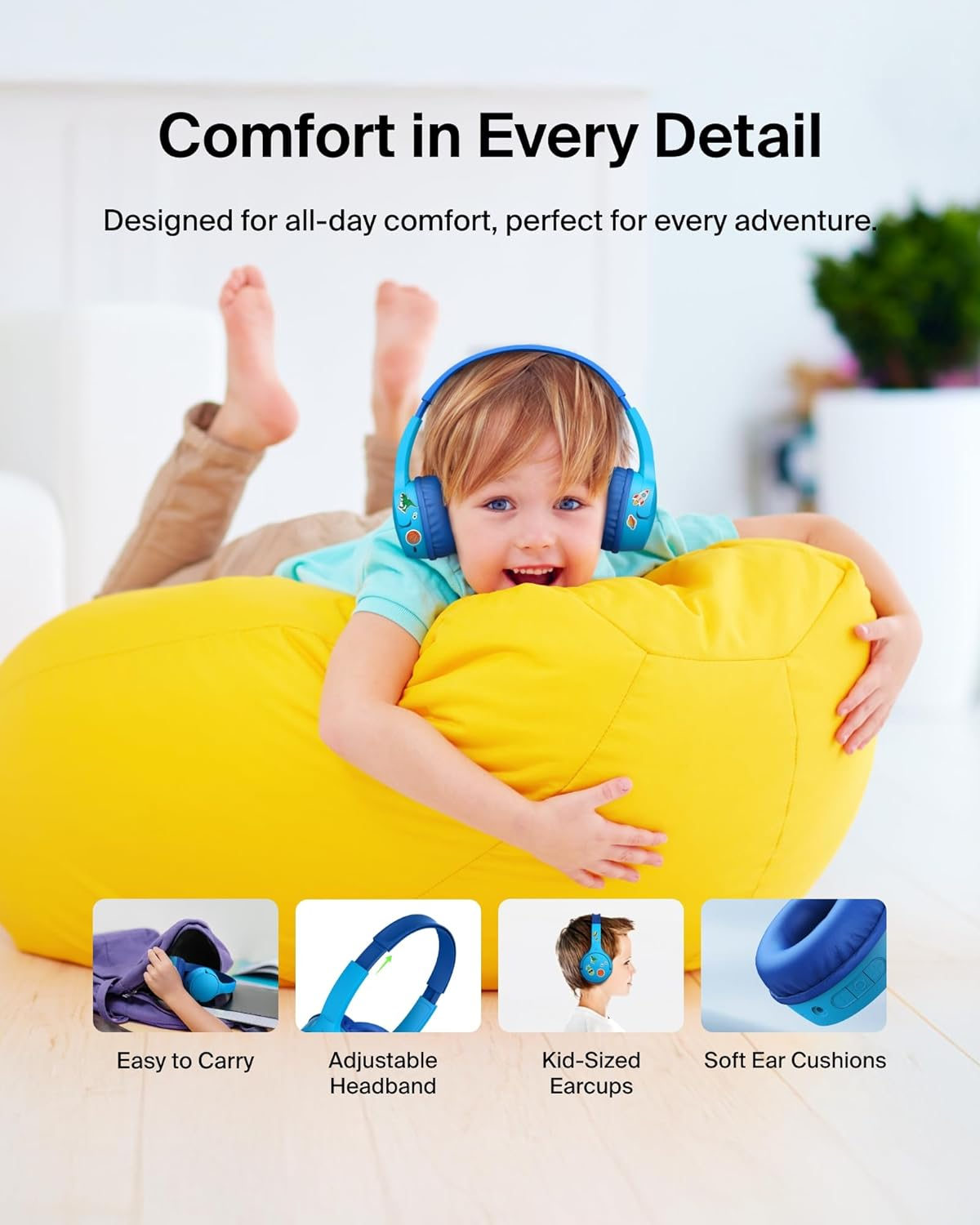 Belkin Soundform Mini Wireless Kids Headphones with Built-In Microphone and Fun Stickers, 30 Hours Playback - Over-Ear Headphones for Teaching, Holidays, Iphone, Ipad, Galaxy - Blue - Black image number 6