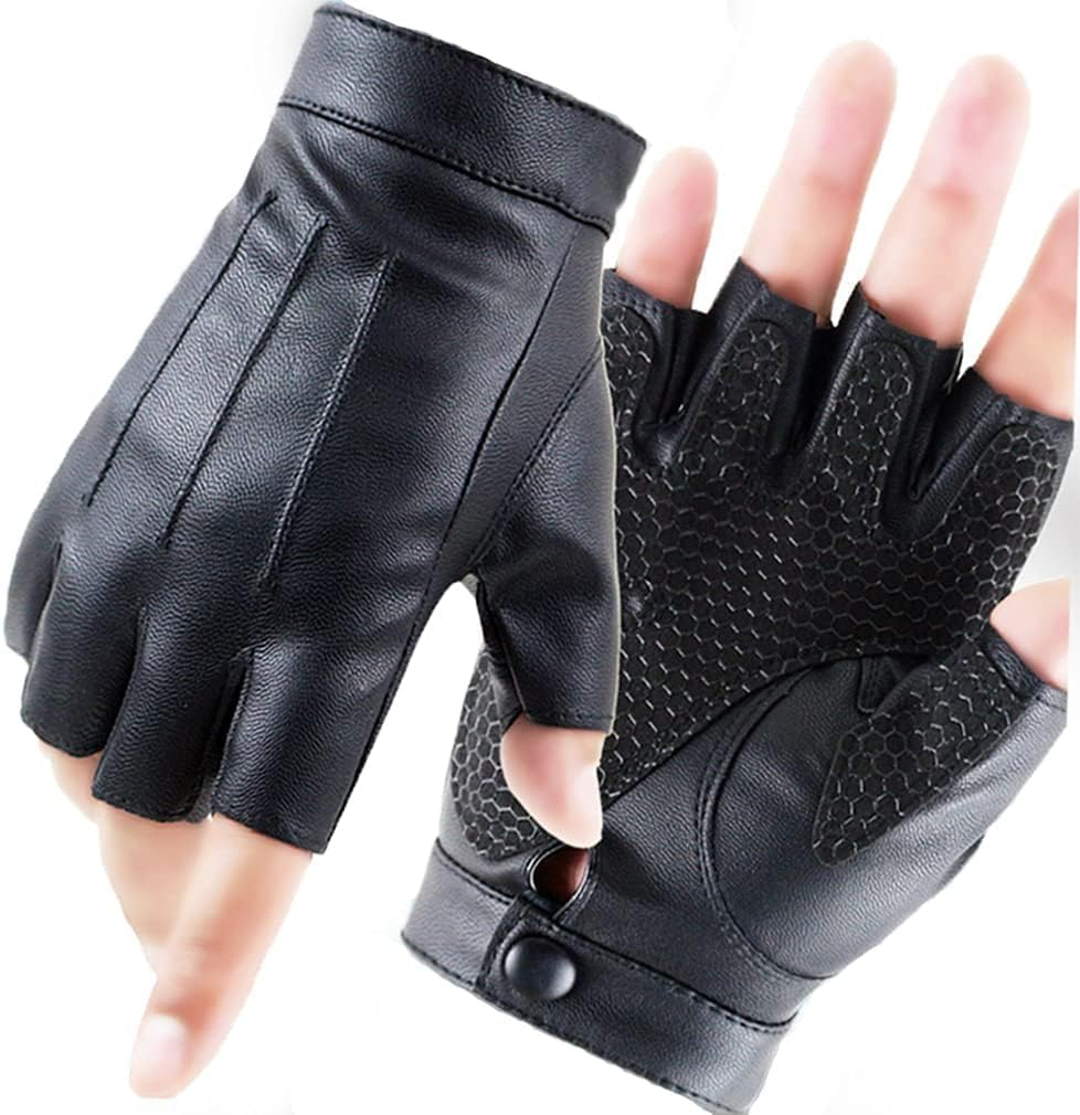 Fingerless Leather Men'S Half Finger Gloves Men'S Leather Non-Slip Motorcycle Driving Gloves - Black image number 5