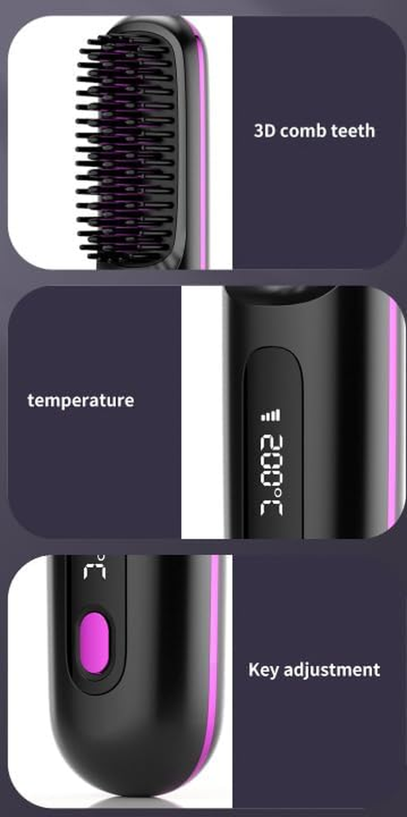Portable Straightener Brush, Fast Heating Cordless Hair Straightener Brush, USB Rechargeable Negative Ion Anti-Scald Hot Comb, 3 Temp-Settings, Travel Essential Women(Black) image number 3