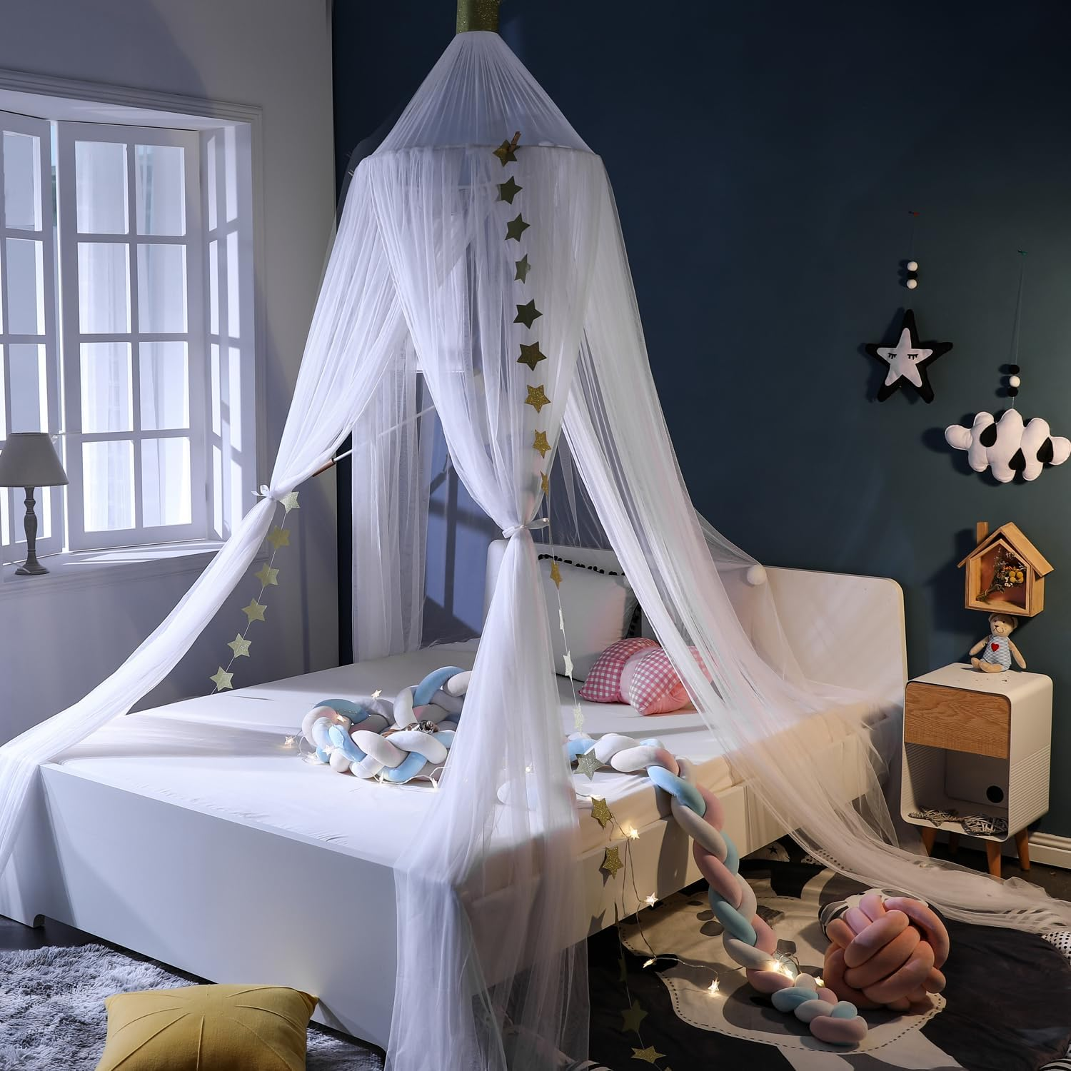 Crown Bed Canopy Mosquito Net with round Dome, Curtain Court Canopy with Stars Decor for Baby Crib, Kid Bed, Play Tent, Children Reading Nook Canopies Indoor, Hanging Bed Net Decoration (White)