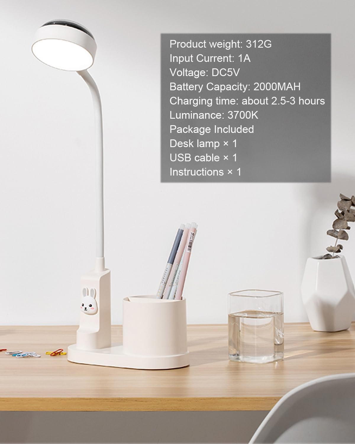 SONVIEE Children'S Desk Lamp, LED Desk Lamp Astronaut with Pen Holder, Gooseneck Table Lamp, Children'S Study Lamp, Reading Lamp with Projection Pencil Holder (Rabbit - White) image number 1