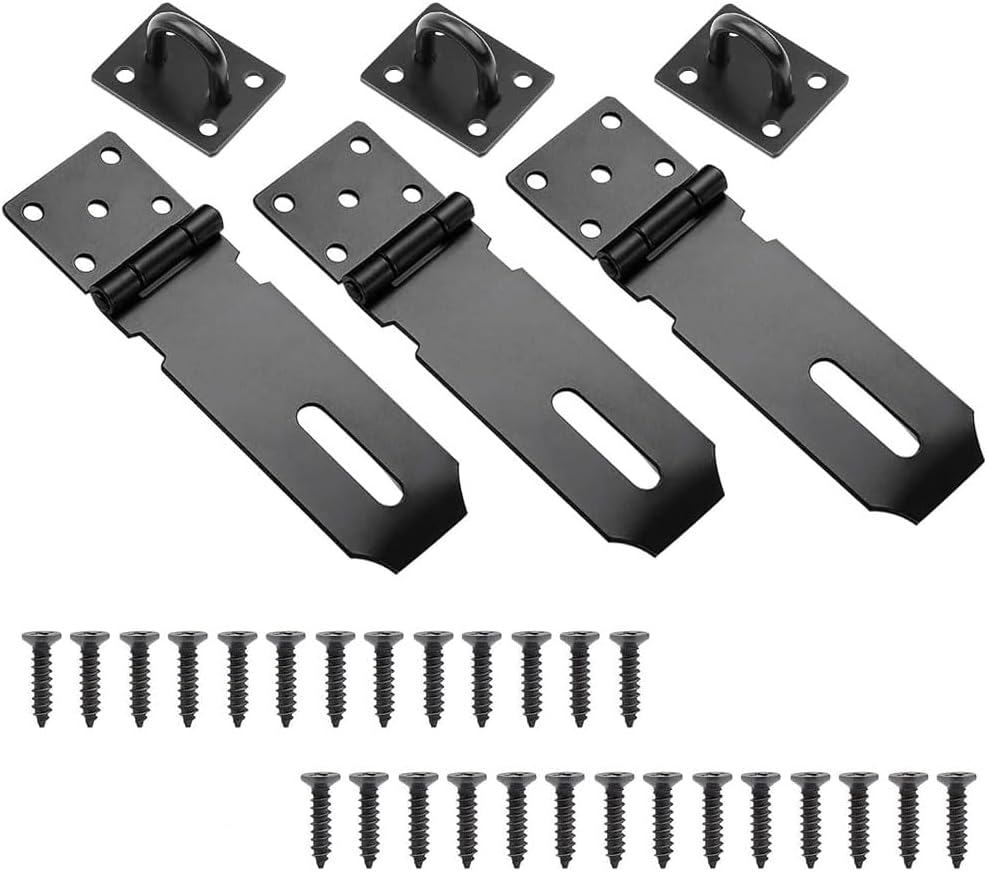 4 Inch Door Hasp Latch Lock, 3 Pack Stainless Steel Padlock Latch, Door Hasp Lock for Gates, Cabinet, Drawer, Outdoor Doors Black (27 Screws Included) image number 3