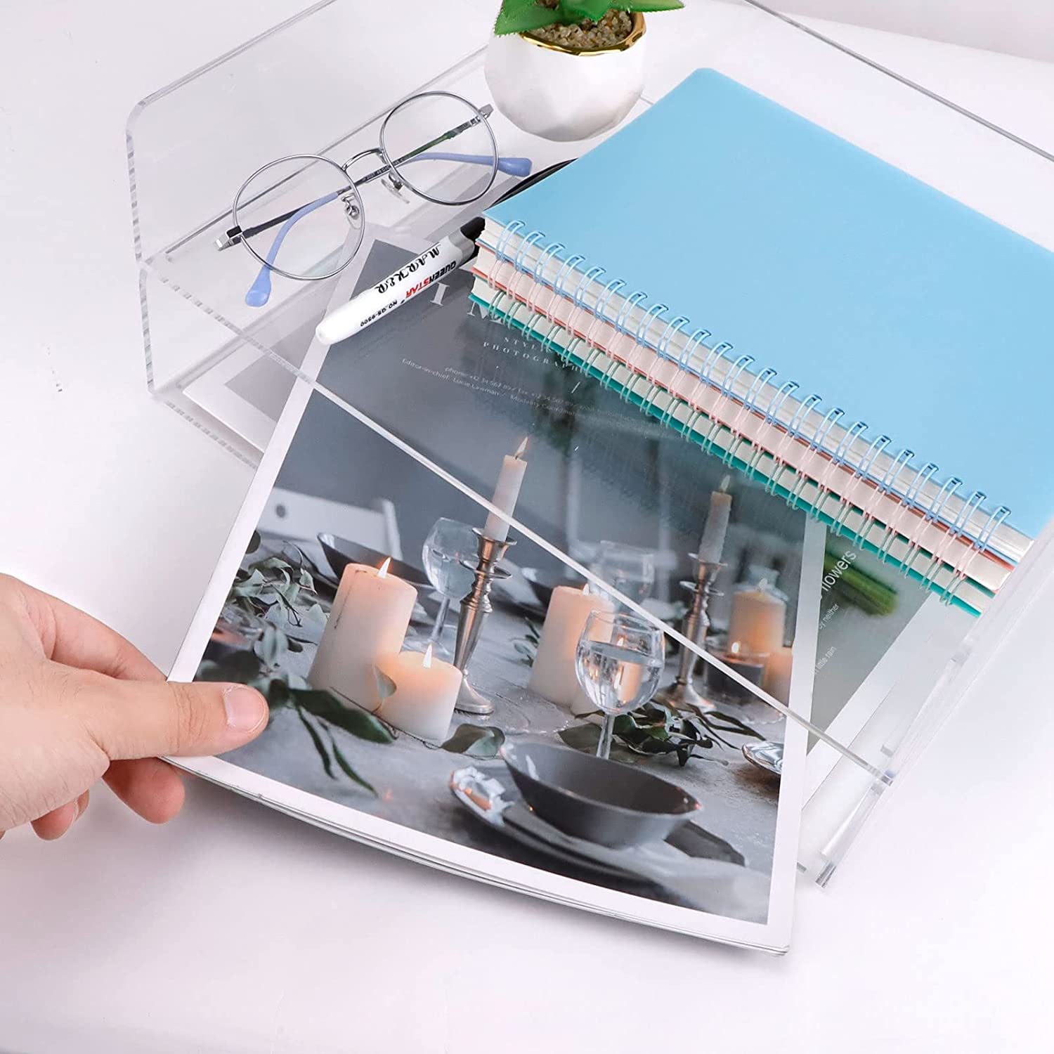 Clear Acrylic Desk Organizers, BOJVESH 2-Tier Paper Organizer Tray, Stackable Classroom File Storage, Workspace Supplies Accessories for Office Home Documents A4 Notebook image number 1