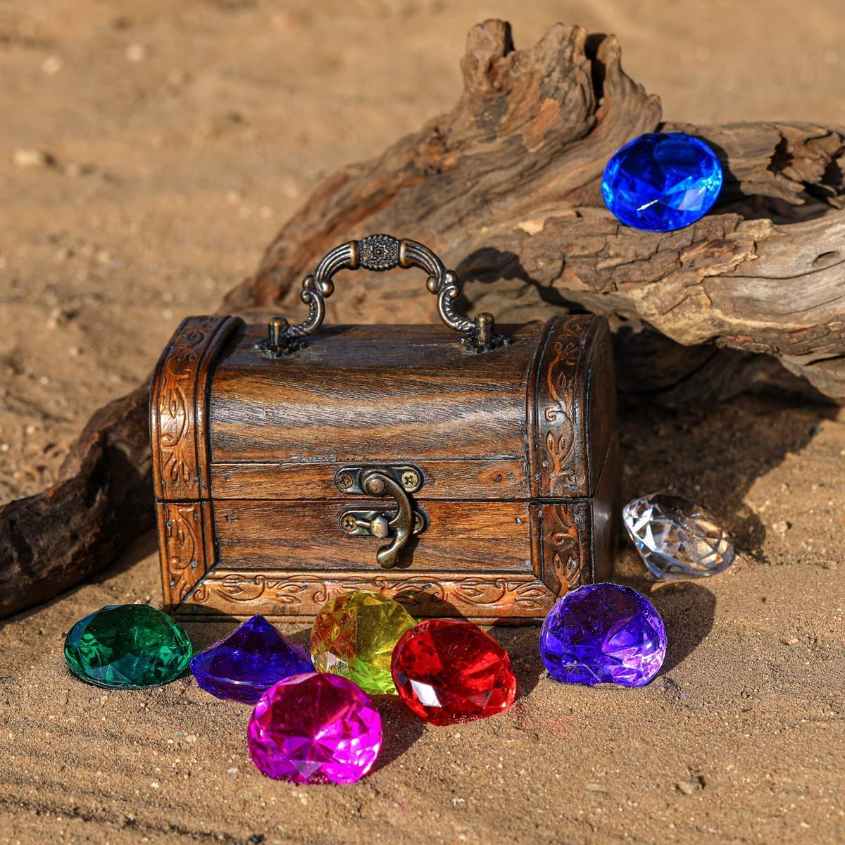 Diving Gem Pool Toy 15 Big Colorful Diamonds Set with Big Treasure Chest Pirate Box Underwater Gem Diving Toys Set Dive Throw Toy Set Swimming Training Gift Toy for Summer Swimming Pool Party Supplies image number 1