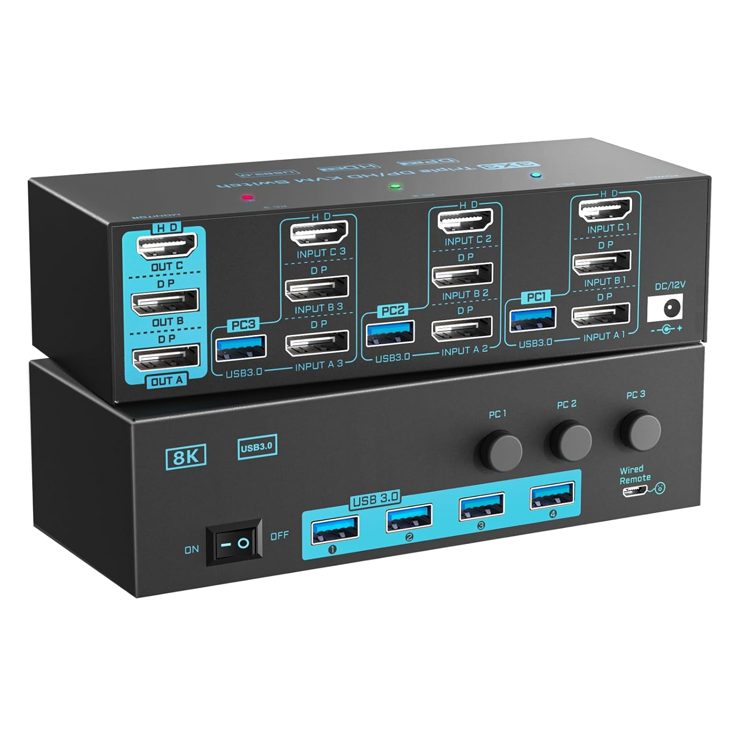 8K/4K KVM Switch 3 Monitors 3 Computers Triple Monitor 3 Port 2 Displayport 1.4 and HDMI 2.1 USB 3.0 KVM Switches, DP 1.4 Supports 8K@30Hz/4K@144Hz, HDMI Supports 8K@60Hz /4K@120Hz with Wired Remote image number 6