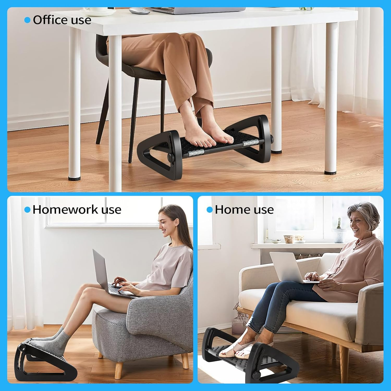 Under Desk Foot Rest, Six Height Adjustable Ergonomic Footstool under Desk with Foot Massage Roller, Suitable for Office, Home Leg Rest Footrest (Black) image number 6