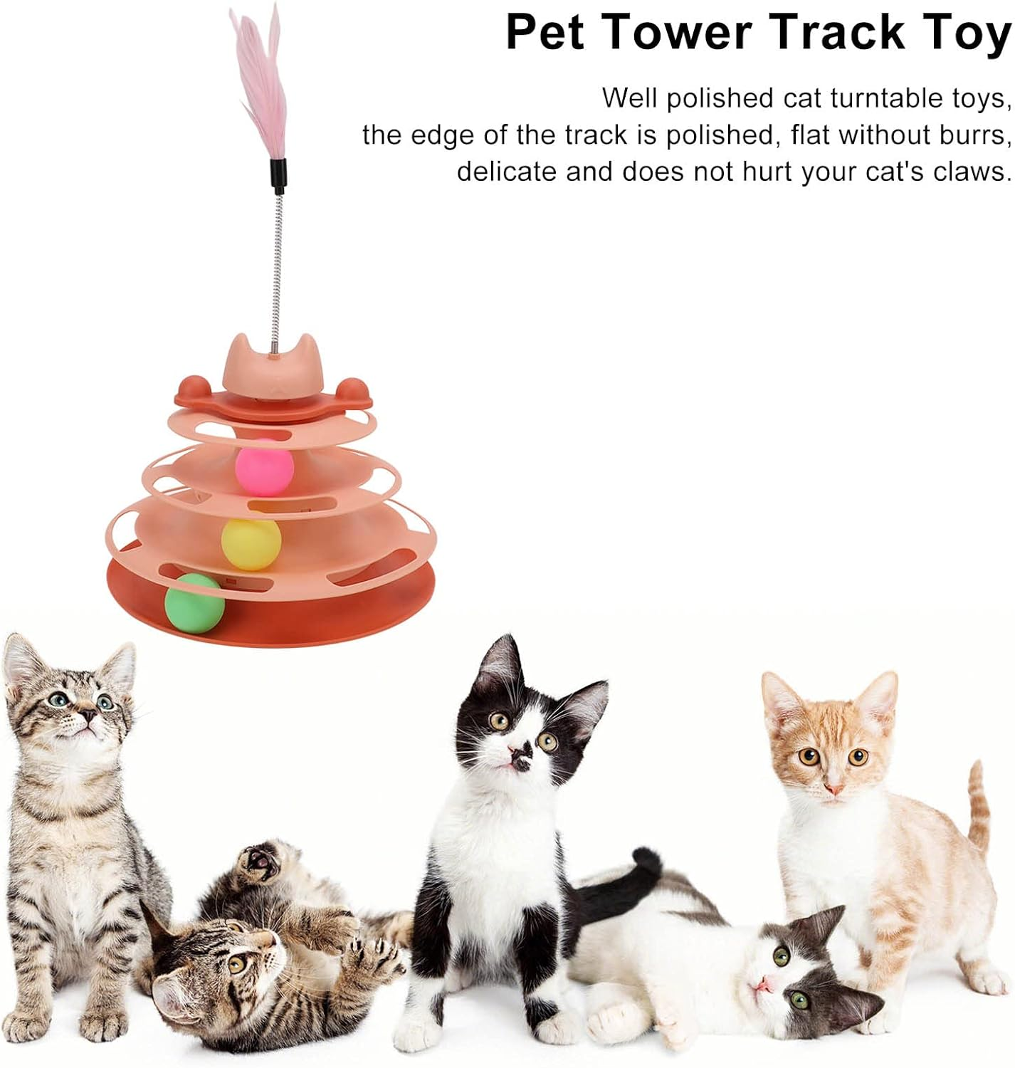 Ciciglow Cat Toy Set, Interactive Toy for Kittens, 3-Layer Towers Roller Tracks Cat Teaser Ball Toy with 3 Colourful Balls and Cat Stick, for Movement and Stimulation (Pink) image number 5