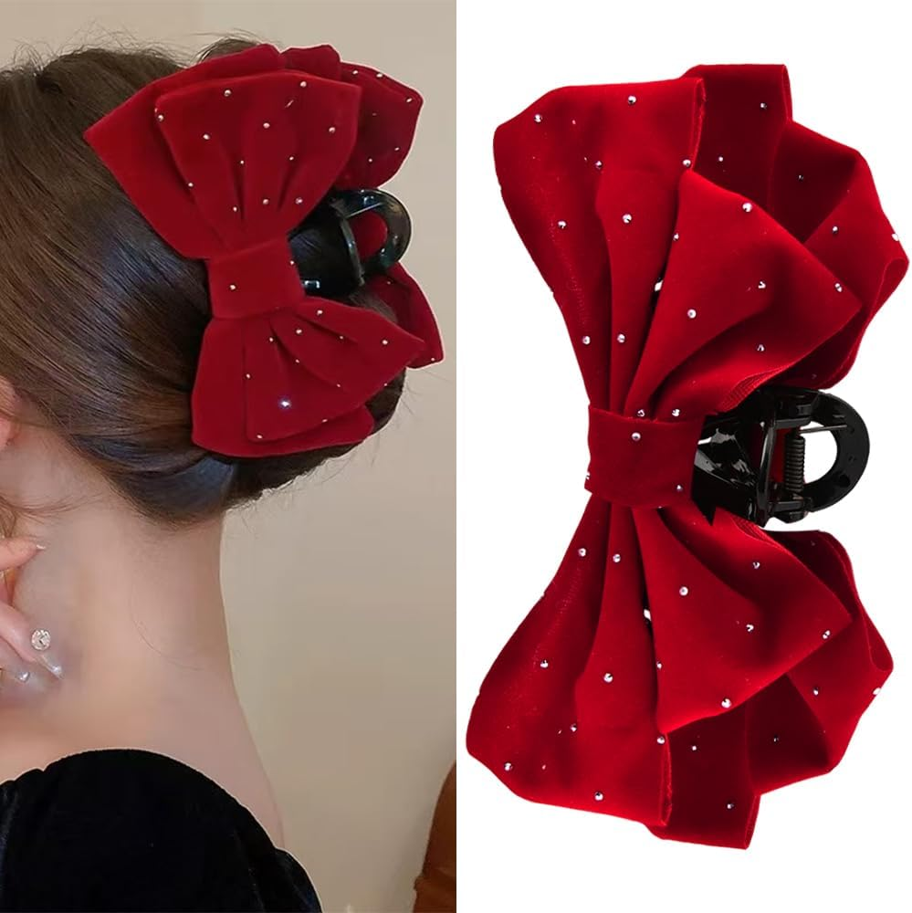 Large Bow Hair Claw Clip for Girls Velvet Red Hair Bows with Rhinestones Big Claw Clips for Thick Long Hair Bowknot Hair Accessories for Women Party Prom Jaw Clips Nonslip Hair Clamp for Styling image number 1