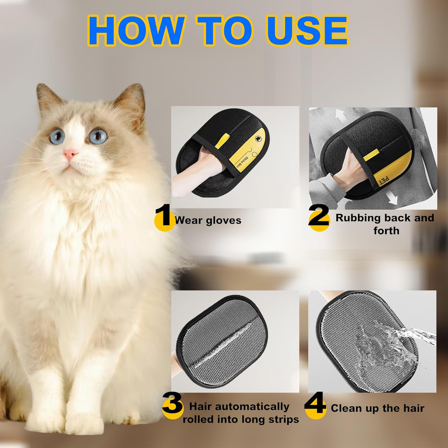 3 Pack Pet Hair Removal Gloves with Deshedding Brush, Double Sided Electrostatic Removal Gloves for Dogs & Cats, Pet Grooming Gloves Reusable for Carpet Sofa Clothing Furniture image number 5