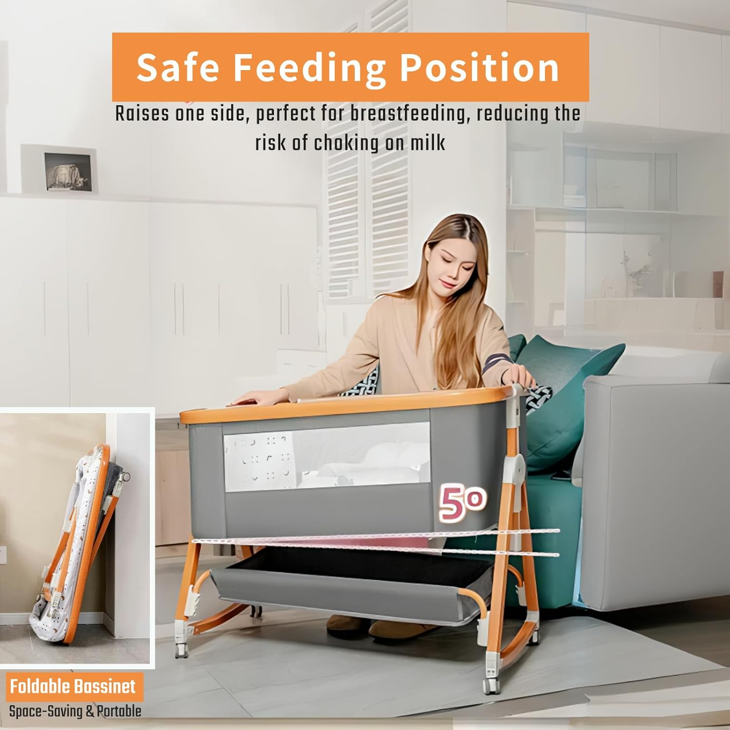 Gdaytao Baby Bassinet Bedside Sleeper - 4 in 1 Baby Cot, Highly Visible Co-Sleeper Bassinet, 6 Levels Adjustable Height Baby Bed with Mosquito Net, Foldable Baby Crib with Mattress & Storage Basket image number 2