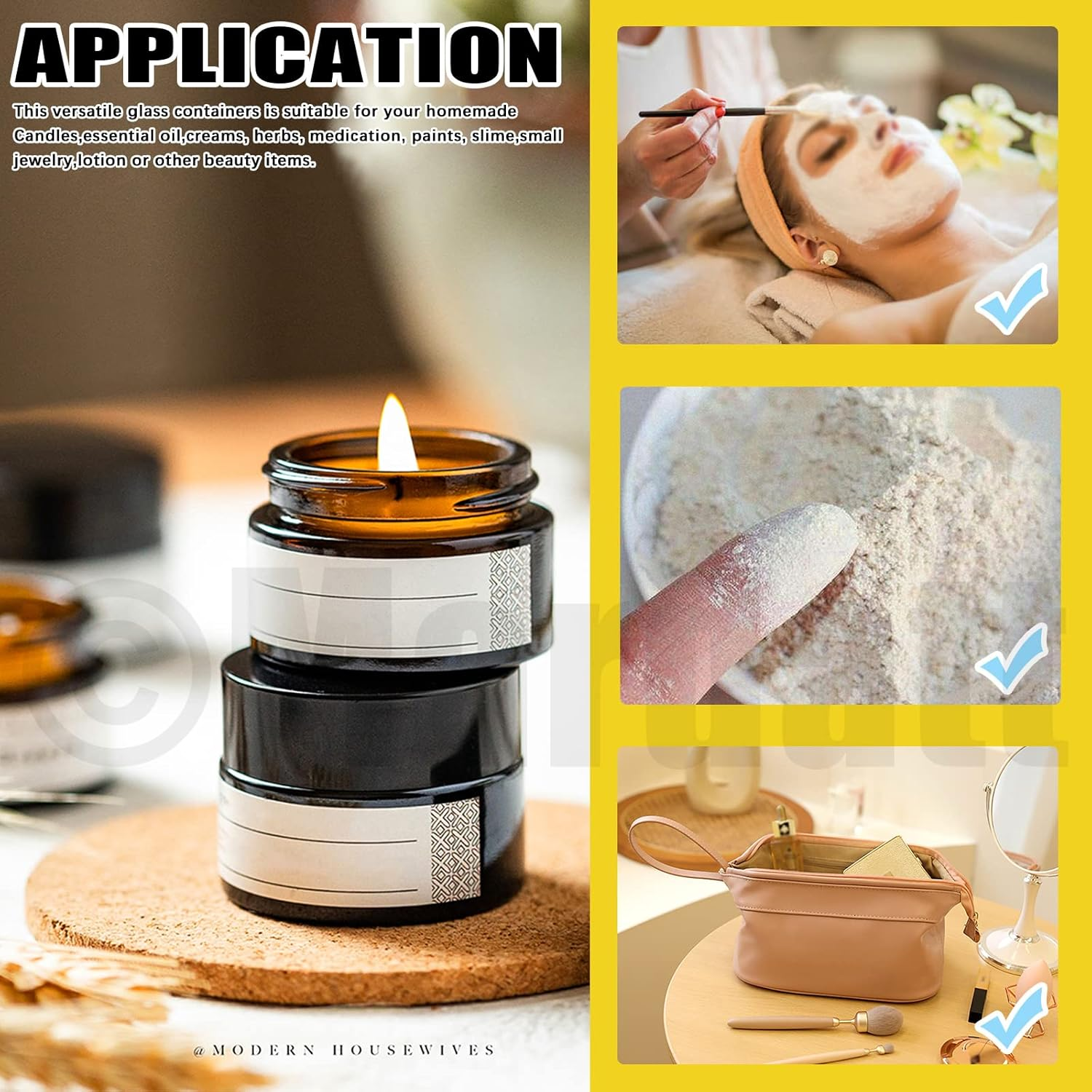 15PCS round Amber Glass Jars, 1/1.7/2 OZ Mason Jar Amber Cosmetic Containers with Spoons and Black Lids, Glass Candle Jars for Storing Lip and Cream Lotion image number 4