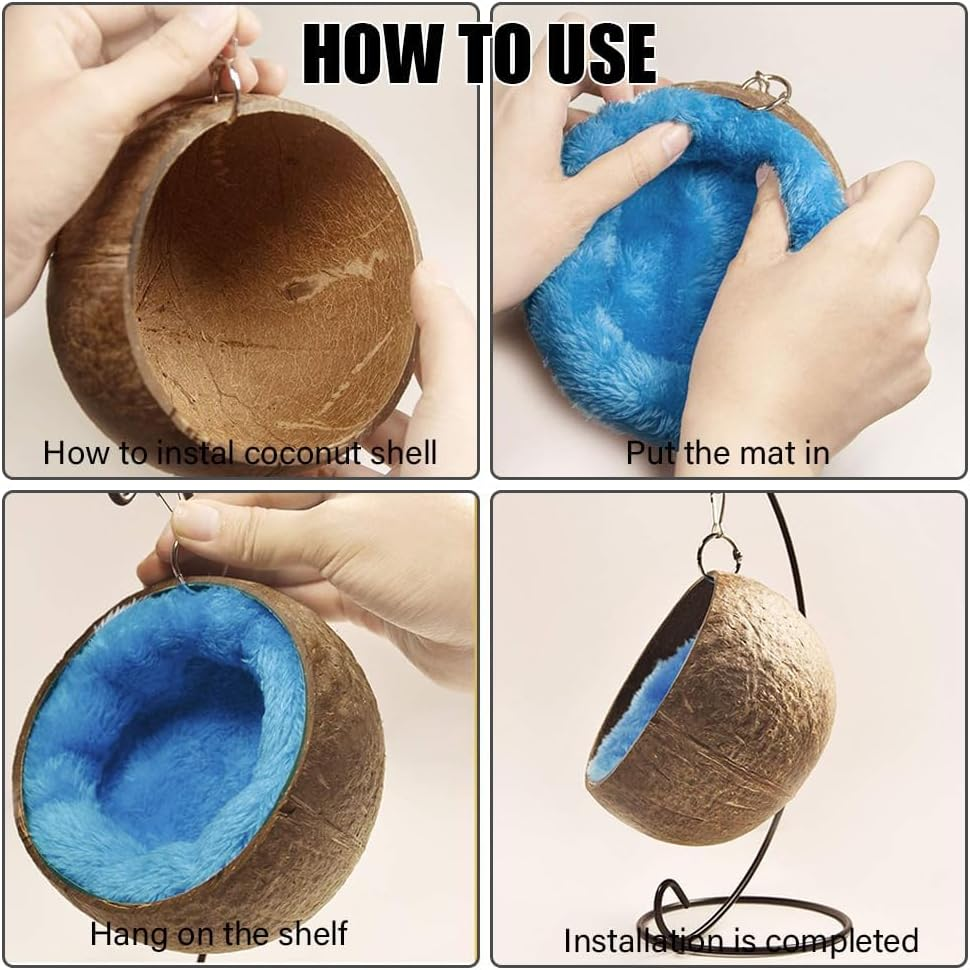 MOTRAIN Coconut Shell Bird Nest House Bed Indoor Golden Pet Kennels Bear, Guinea Pig, Natural and Safe Wooden Swing Climbing Ladder, Stainless Steel Basin Parrot for Home Room Desktop image number 5