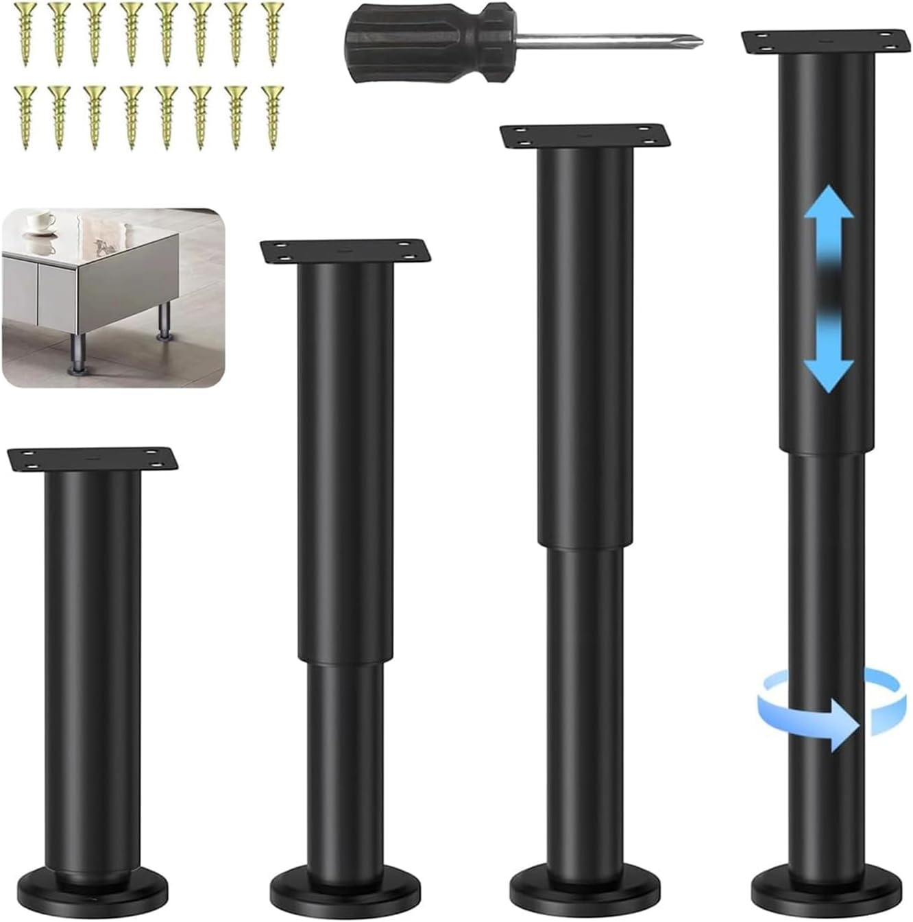 4Pcs Adjustable Height Bed Support Legs, Retractable 18-30CM Furniture Support Leg, Metal Heavy Duty Furniture Replacement Legs with Screws and Screwdriver, for Sofa, Bed, Closet Etc. image number 5