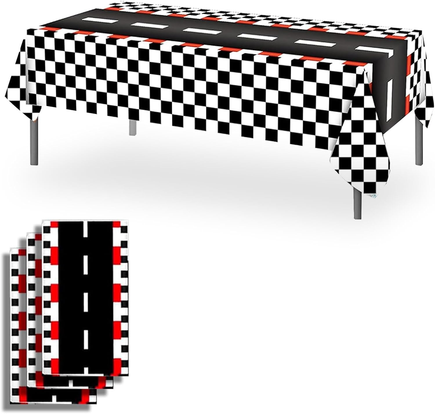 OQOQ Checkered Racing Track Tablecloth(3 Pack,Black White Checkered) - 54X108 Inches Cars Birthday Decorations Table Cloth Race Theme Party Disposable Plastic Table Cover Party Supplies image number 4