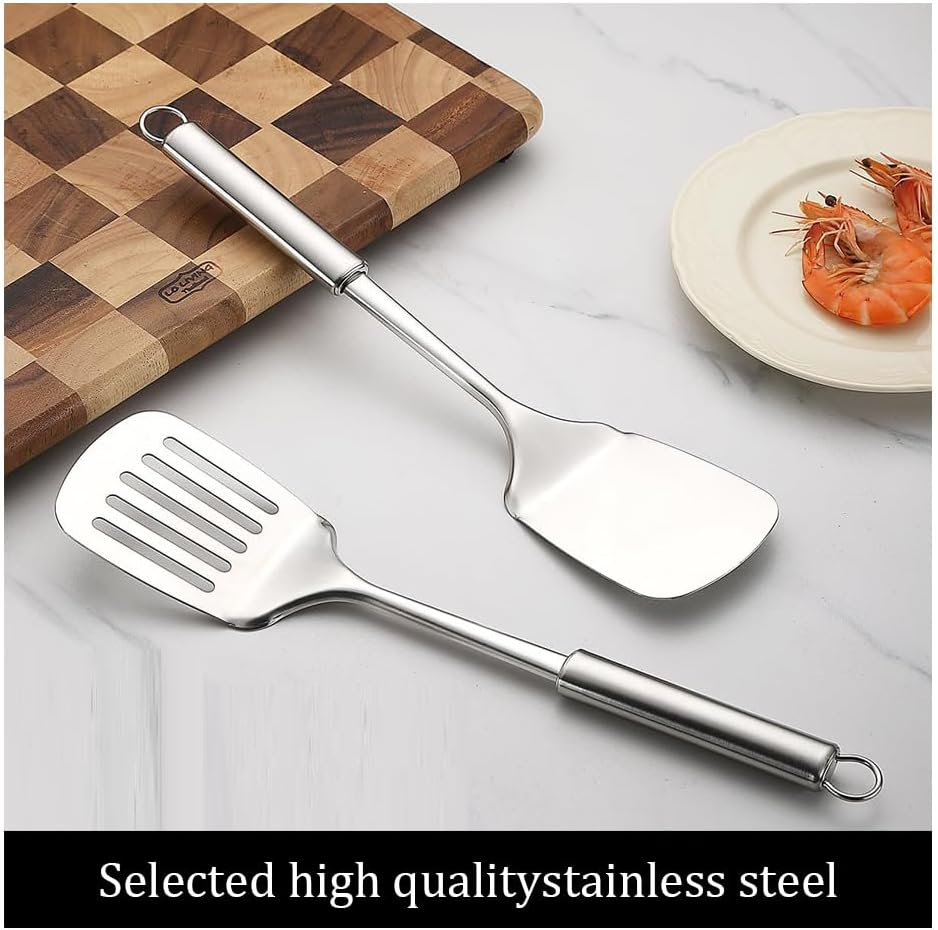Stainless Steel Spatulas Set,Silver Slotted Turner, Solid Turner,Heavy Duty Sturdy Kitchen Spatula High Heat Resistant, Ideal Cookware,Dishwasher Safe, Easy to Clean (2Pcs)