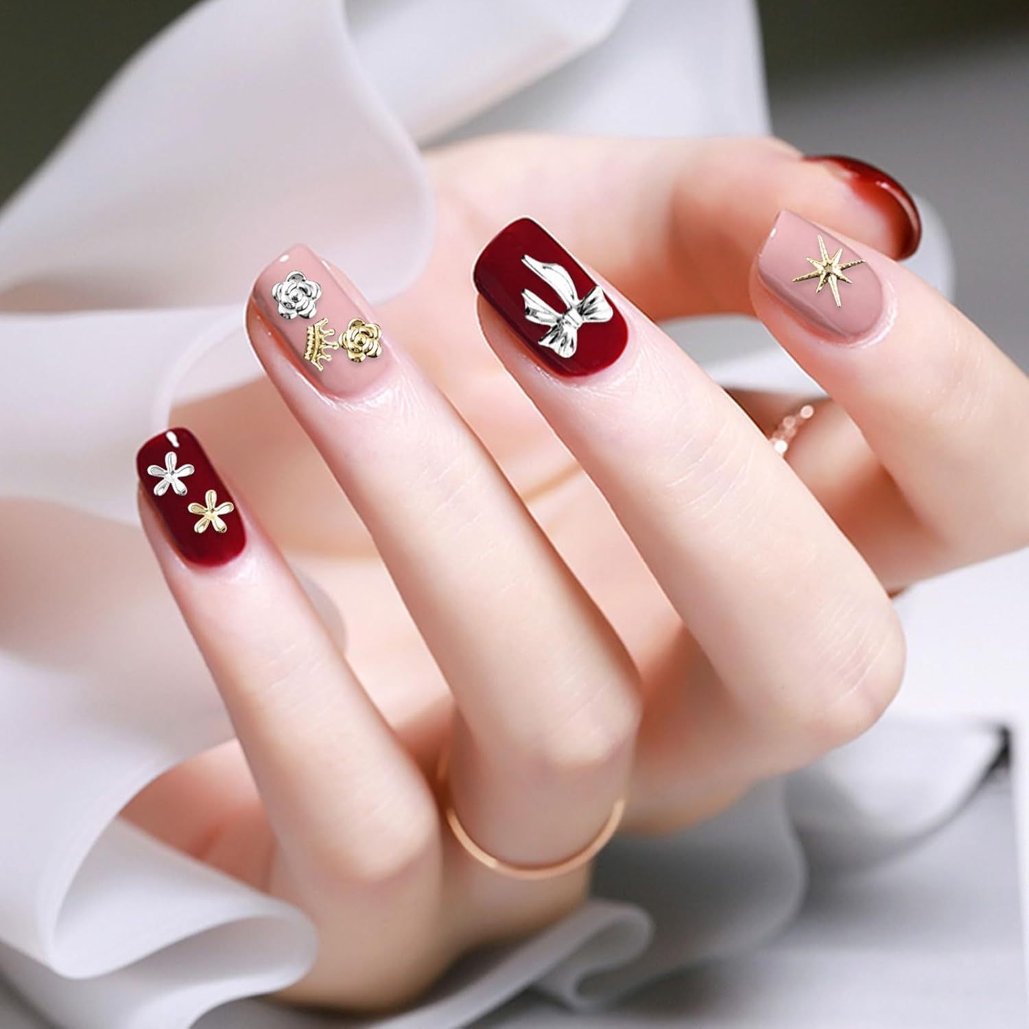 Gold Silver Nail Charms, 2 Boxes 24 Grid Star Heart Flowers Bows Nails Charm Nail Studs, Punk Metal Alloy Nail Gemstone Bow Knot Moon Decoration Accessories for Nail Design DIY Crafts image number 6