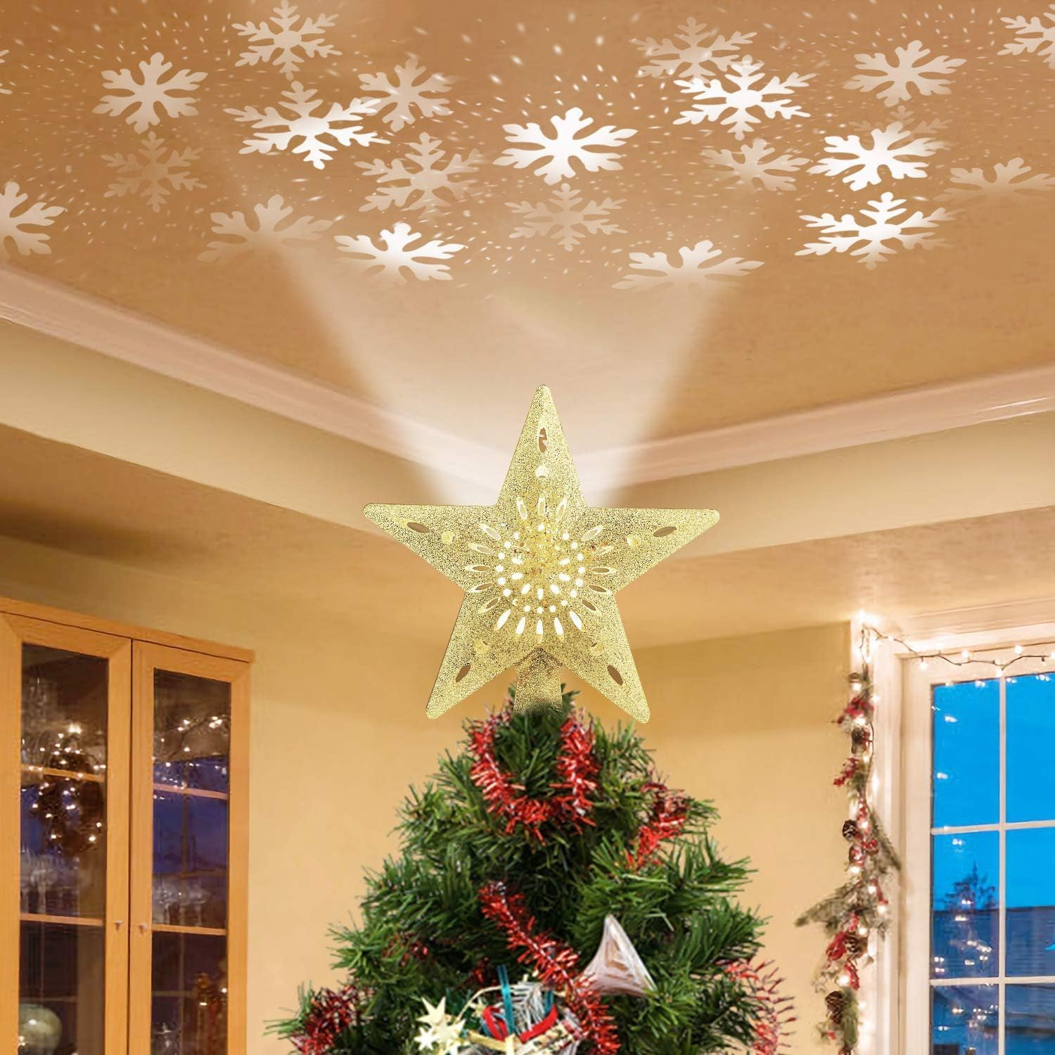 Christmas Tree Topper Lighted Star with 6 Projected Patterns,3D Hollow Sparkling Star Christmas Tree Topper with Rotating Magic Projector for Christmas Tree Ornament