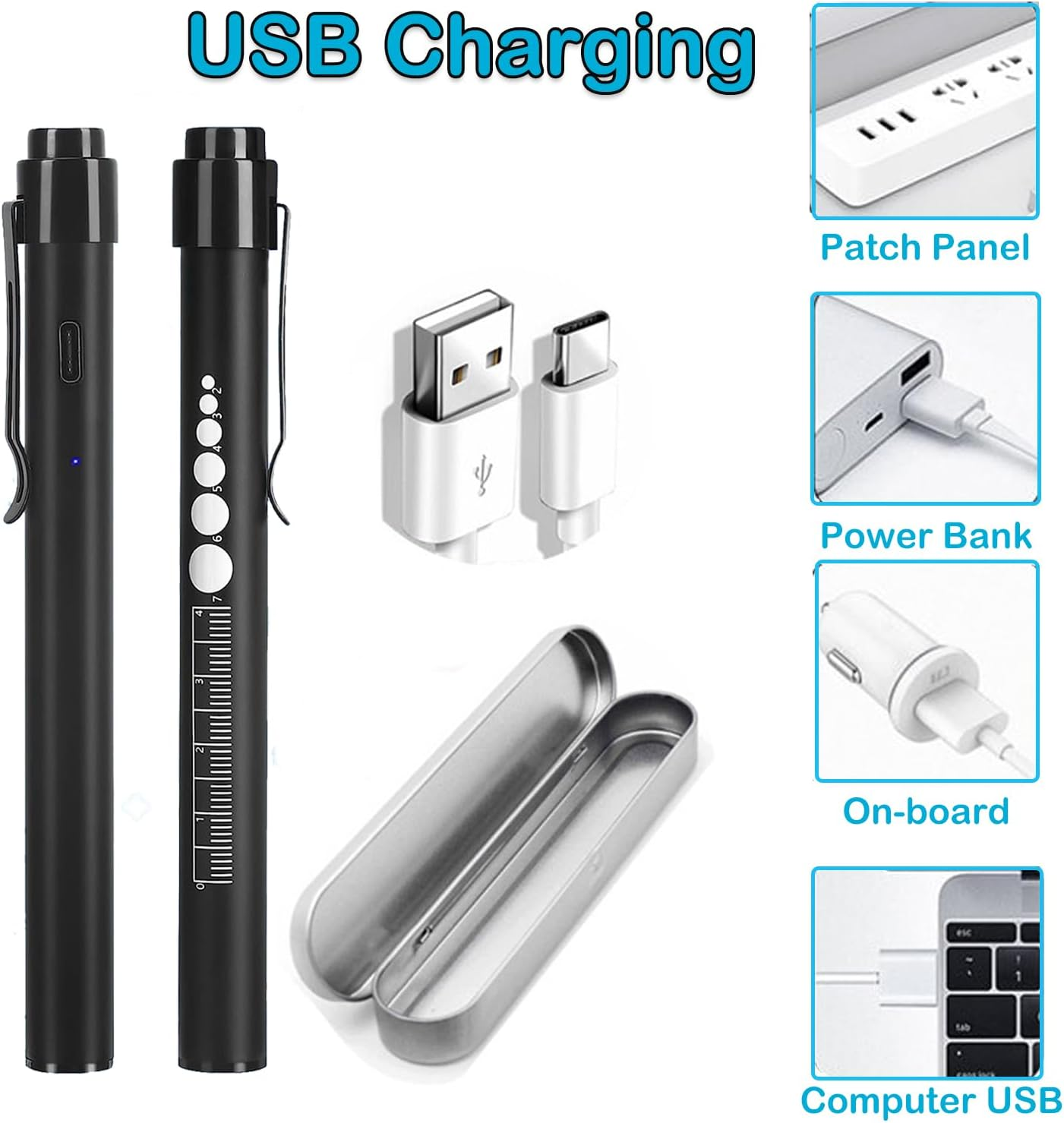 YUENTOEN Pen Light, LED Pupil Gauge Penlight with 2 Light LED Sources, USB Rechargeable Mini Penlight for Home Camping Outdoor and Emergency (Black) image number 6