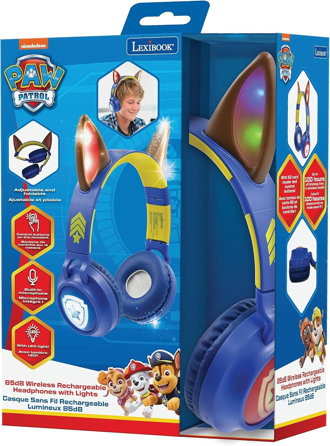 LEXIBOOK, Paw Patrol, Wireless and Wired 2-In-1 Headset with Chase Ears, Sound Limited to 85 Db, Light Effects, Foldable, Adjustable, Rechargeable, HPBT015PALXB image number 1