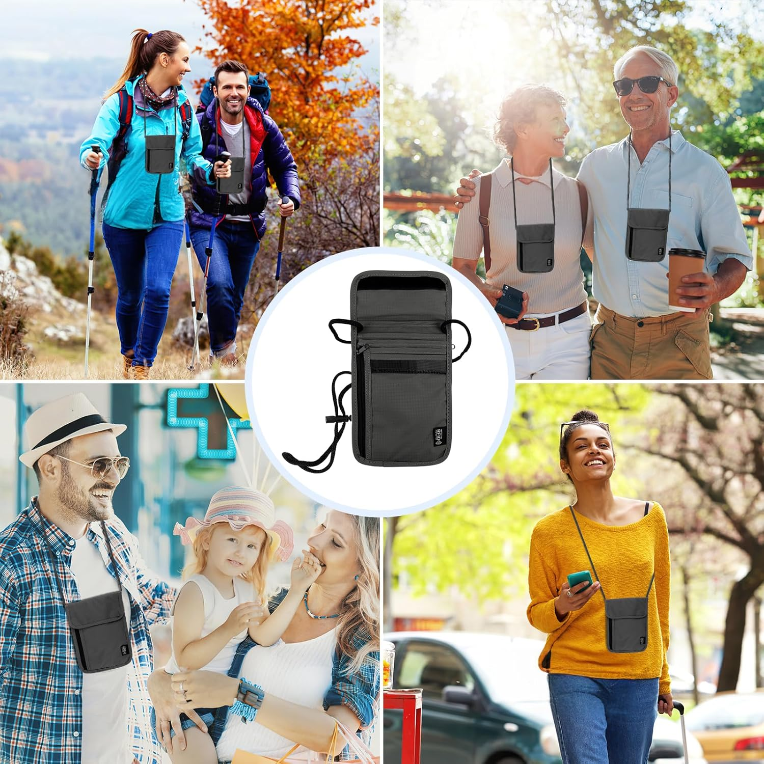 Neck Pouch with RFID Protection, Anti-Theft Unisex Travel Purse, Waterproof Black Mobile Phone Shoulder Bag Men, Neck Pouch Boys for Passport, Credit Cards, Smartphone, Coins, Money, Gray, Anti-Theft image number 6