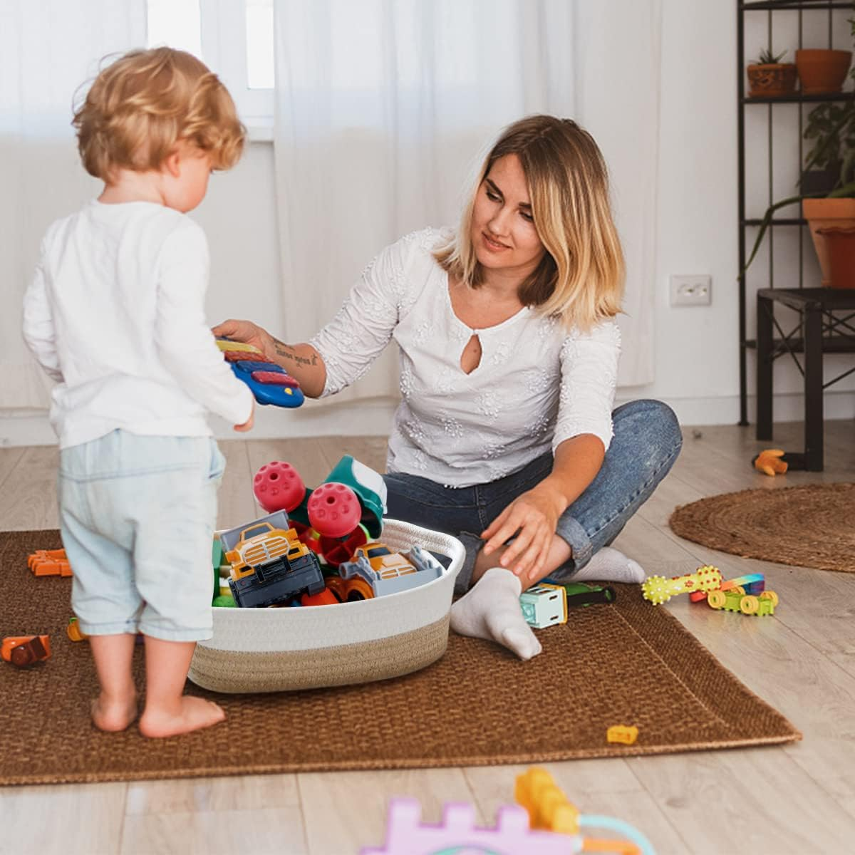 5-Piece Rectangle Storage Basket Set, Cotton Rope Woven Baskets Bins with Handles for Montessori, Baby Nursery, Dog Toy Baskets, Cat Toy Box, Bathroom Organization Bin (Rectangle, Brown) image number 4