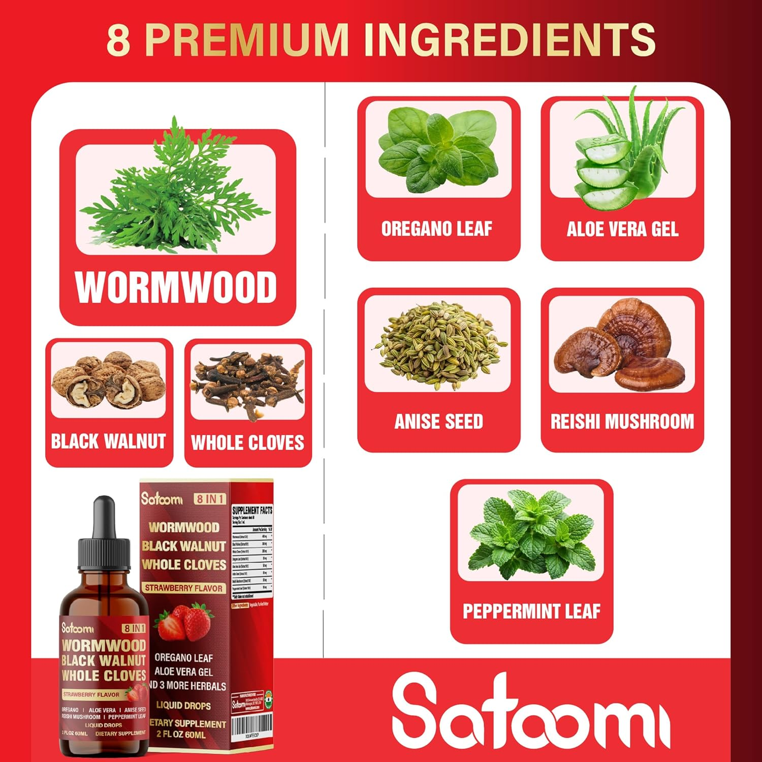 SATOOMI 8In1 Wormwood Liquid Drops with Black Walnut, Whole Cloves and 5 More - 60Ml for 60 Days Supply image number 6