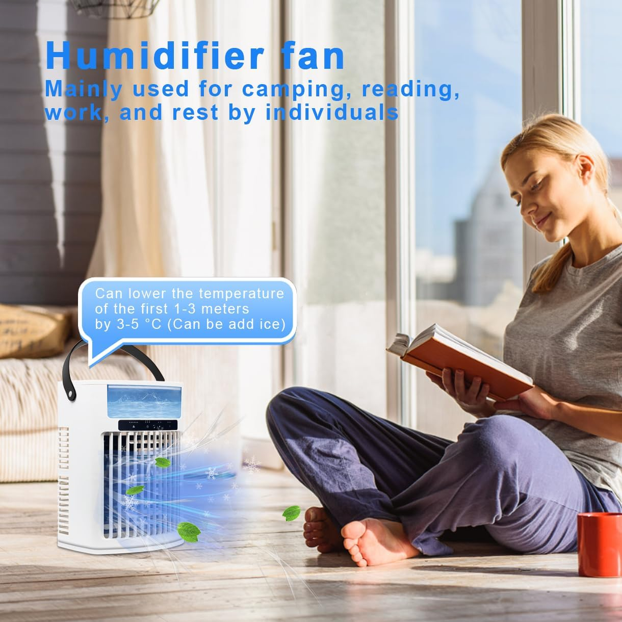 Portable Air Conditioner, 4 in 1 Air Cooler 1000ML Water Tank, Personal Fan 5 Speeds & 3 Spray Modes Timing Evaporative Air Cooler, 7 Color Night Light, Desk Cooling Fan for Bedroom Office Living Room - White image number 2