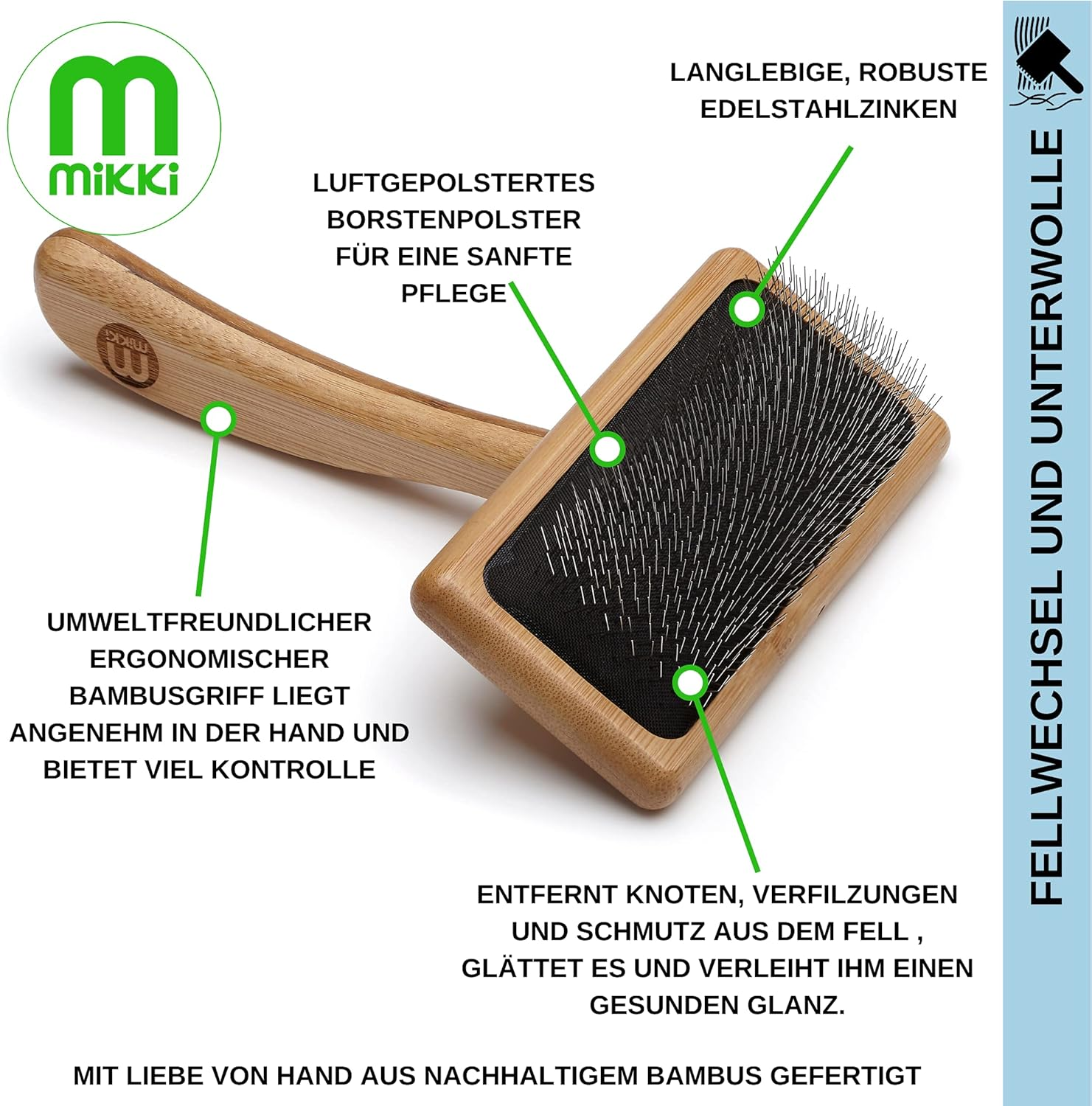 Mikki Bamboo Soft Pin Slicker Brush for Dog, Cat, Puppy, for Medium, Long and Curly Coats, Removes Knots, Tangles, Dead Hair, Handmade from Natural Bamboo, Medium image number 6