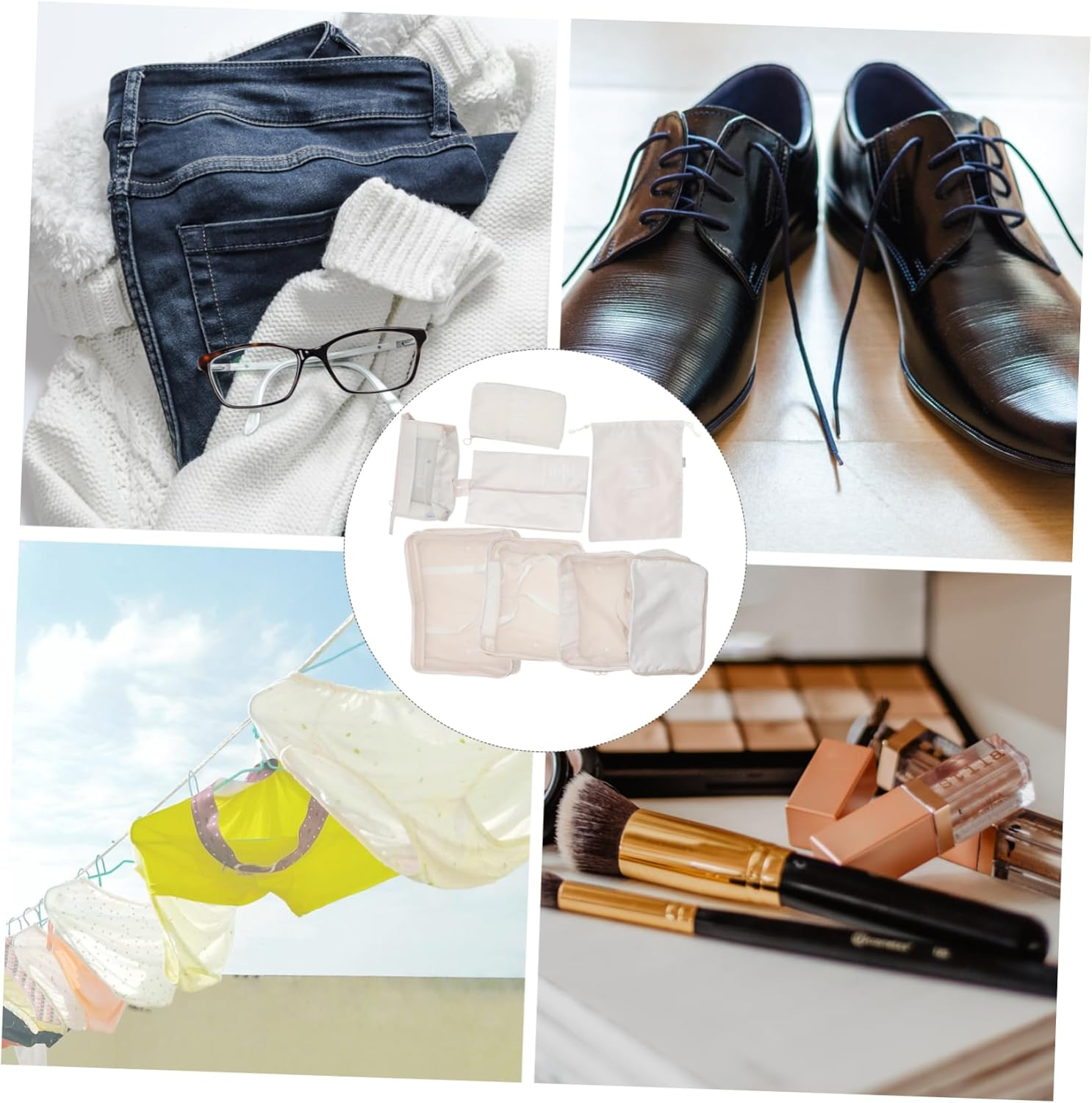 ANDRESLAD Travel Packing Cubes Storage Bags Set of Polyester Mesh Lid Space-Saving for Suitcase Organization image number 3