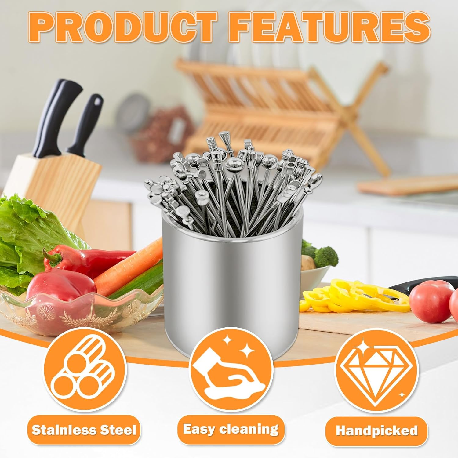 36 PCS Metal Cocktail Picks with Holder Kit, Martini Picks, Reusable 304 Stainless Steel Cocktail Toothpicks, Appetizer Skewers Set for Sandwiches, BBQ Snacks, Olives Fruits (Multicolor) image number 1