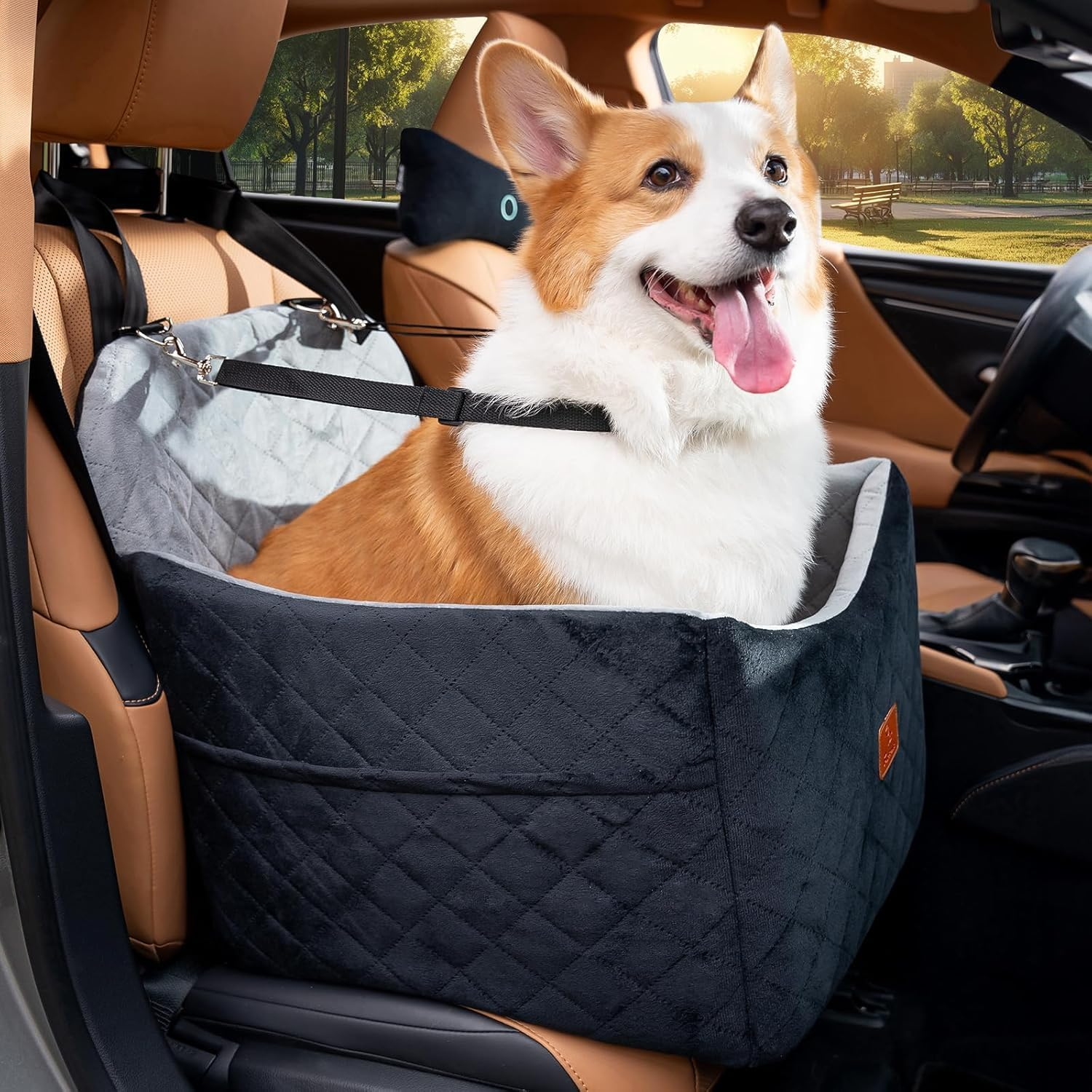 Dog Car Seats for Small/Medium Dogs, Memory Foam Dog Booster Seat for Small Dogs up to 35 Lbs, Travel Pet Car Seat with Washable Detachable Cover, Storage Pockets, 2 Safety Belts (Black+Gray) image number 1