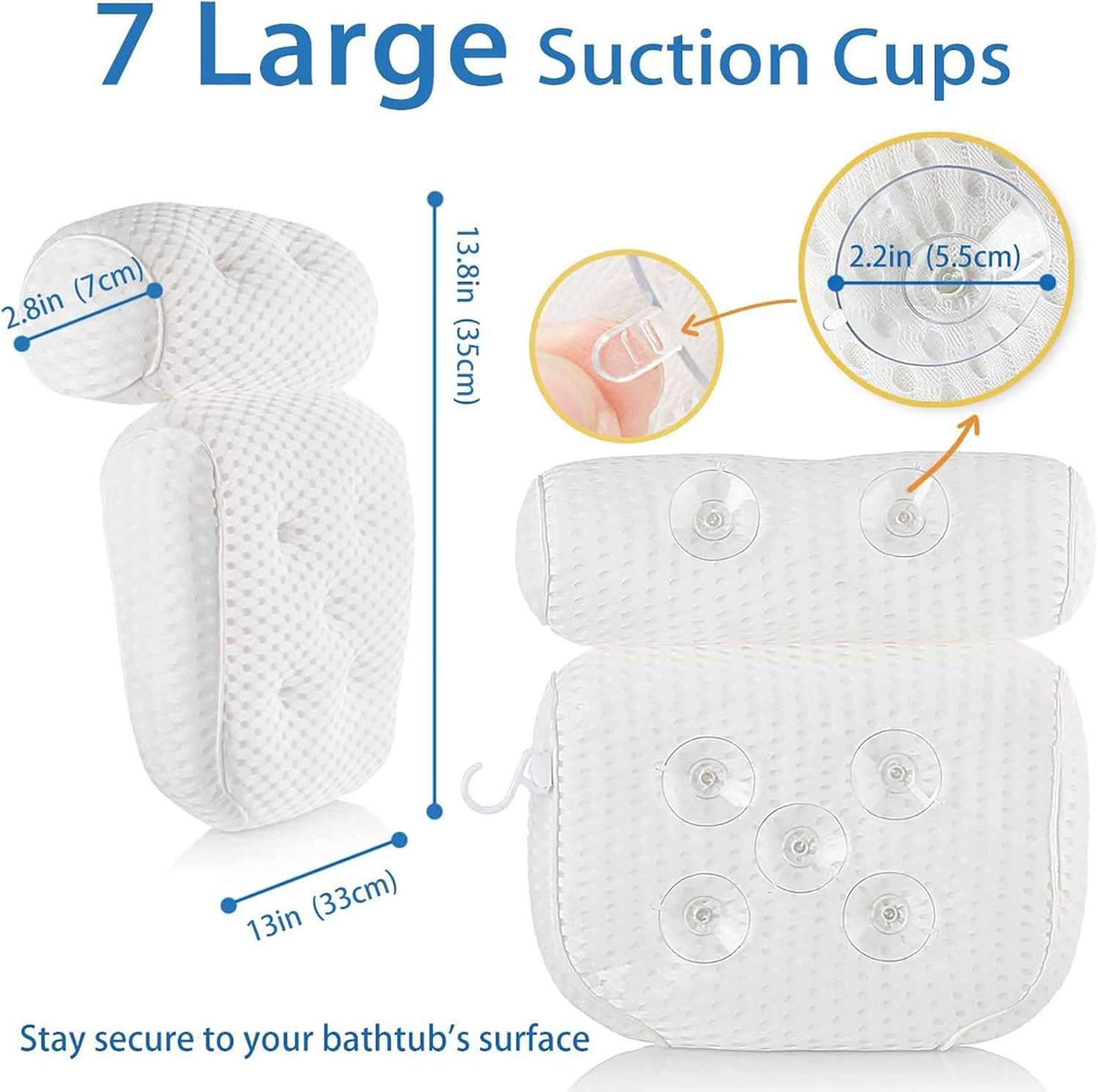 Bath Pillow for Bathroom,Bathtub Spa Pillow with 4D Air Mesh Technology and 7 Suction Cups,Support Headrest,Back,Shoulder and Neck Cushion,All Bathtub, Hot Tub and Home Spa,Extra Thick,Quick Dry,Soft image number 6