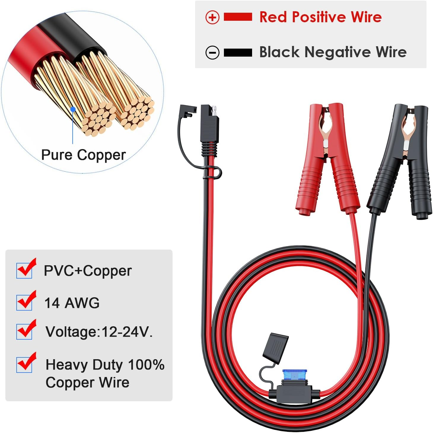 SAE to Alligator Clip Extension Cable Wire, 14AWG 12V-24V SAE Adapter to Alligator Clip Disconnect Cable with Fuse, 2Pin Quick Disconnect Battery Clamp Cable for Battery Charger/Maintainer image number 1