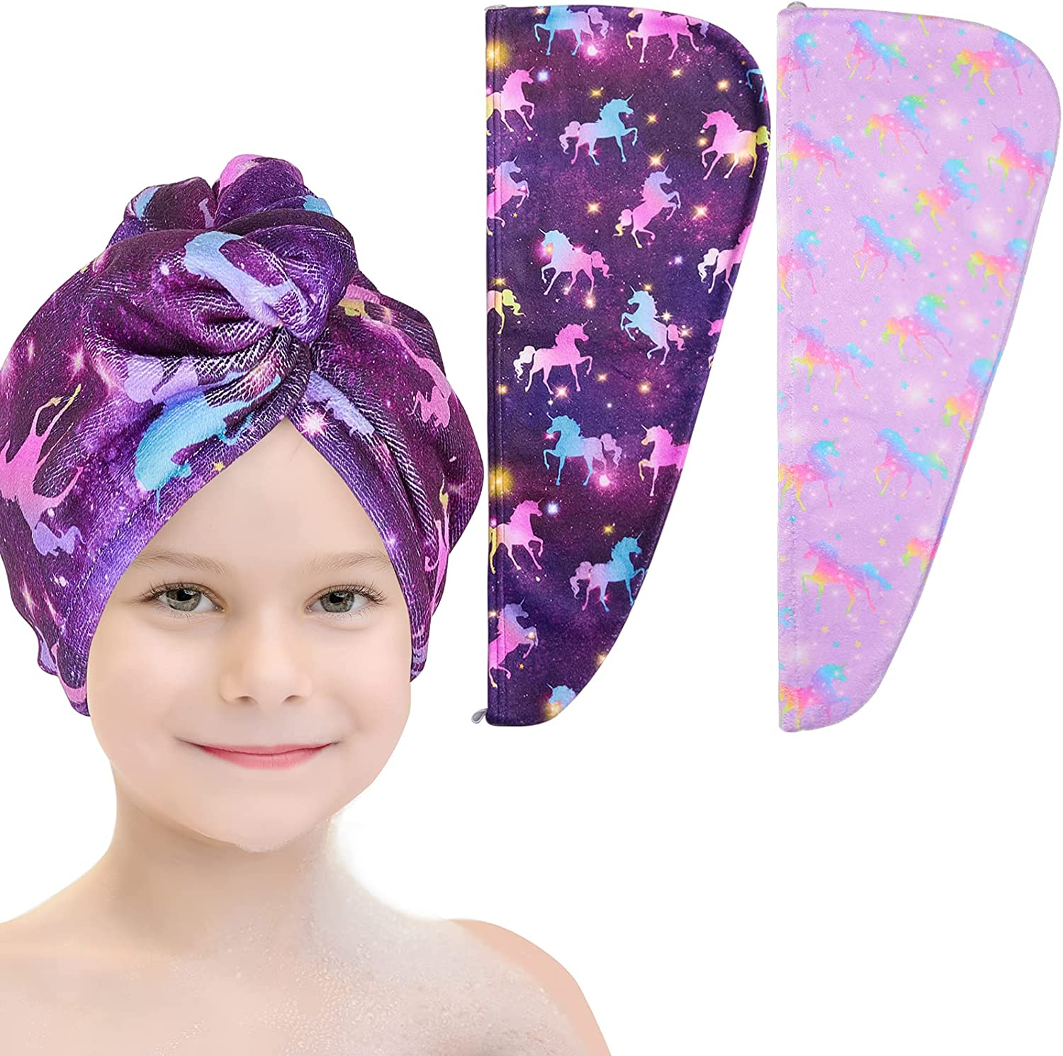 Basumee Microfiber Hair Towel Wrap for Kids 2 Pack Rapid Drying Hair Towel with Button Hair Turbans for Wet Hair Wraps Head Towel Wrap for Women and Girls, Flower