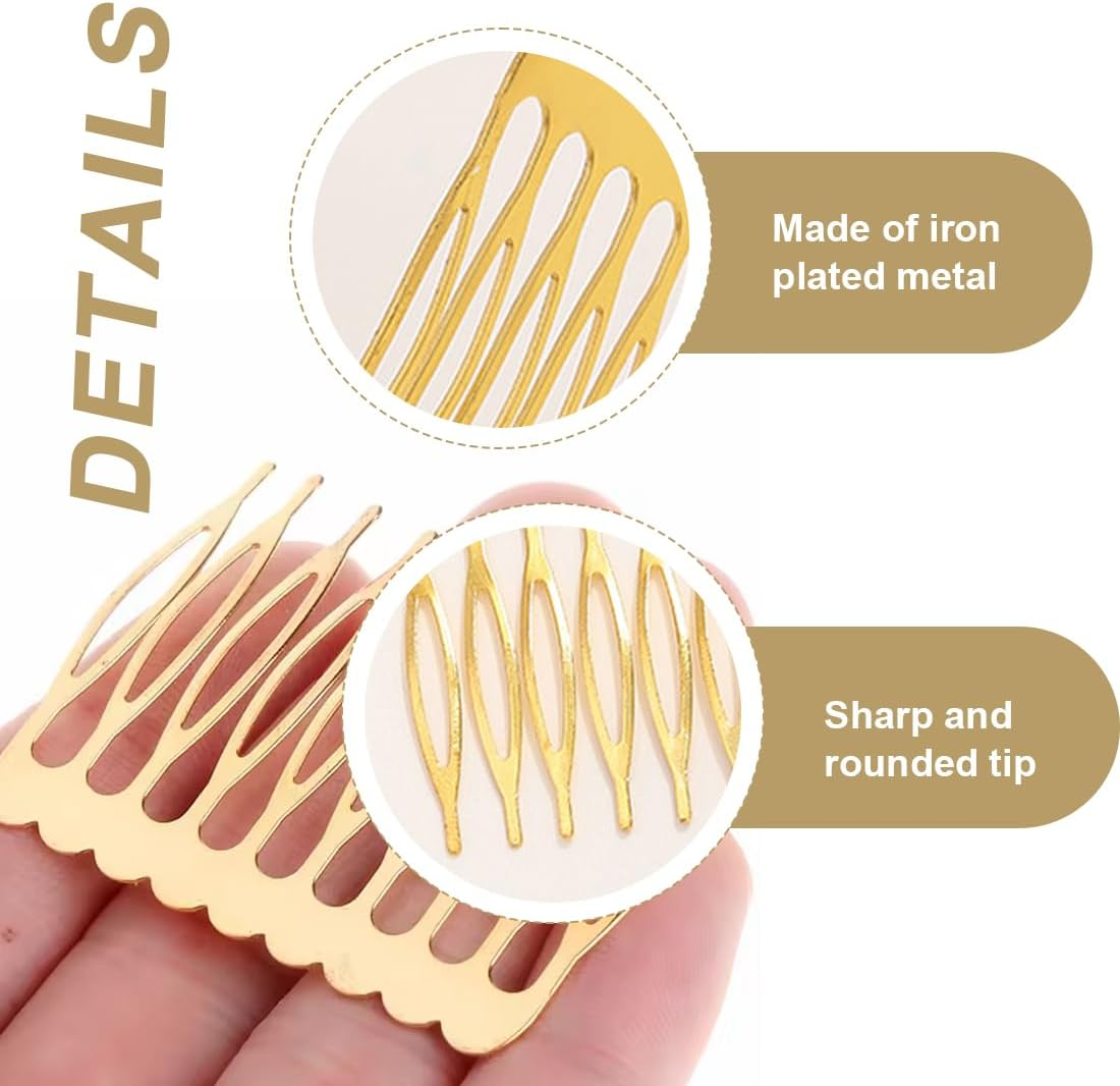 20 Metal Side Combs (10 & 6 Teeth) for Veil, French Women Side Combs with Teeth for Hair Accessories with Silver & Gold Bun Clip image number 2