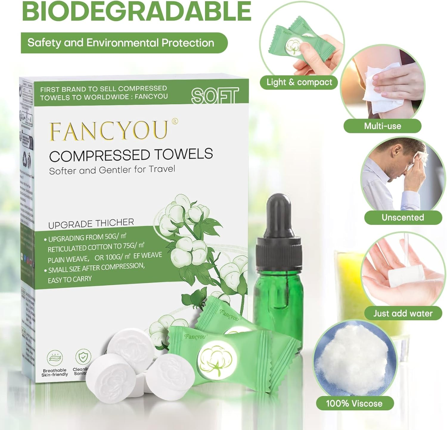 Compressed Towel Tablets for Travel 100 Pcs, Thicken 100% Cotton Disposable Face Towel Individually Wrapped, Compact Portable Mini Reusable Clean Washcloths for Camping Gym Home Beauty(Green) image number 7