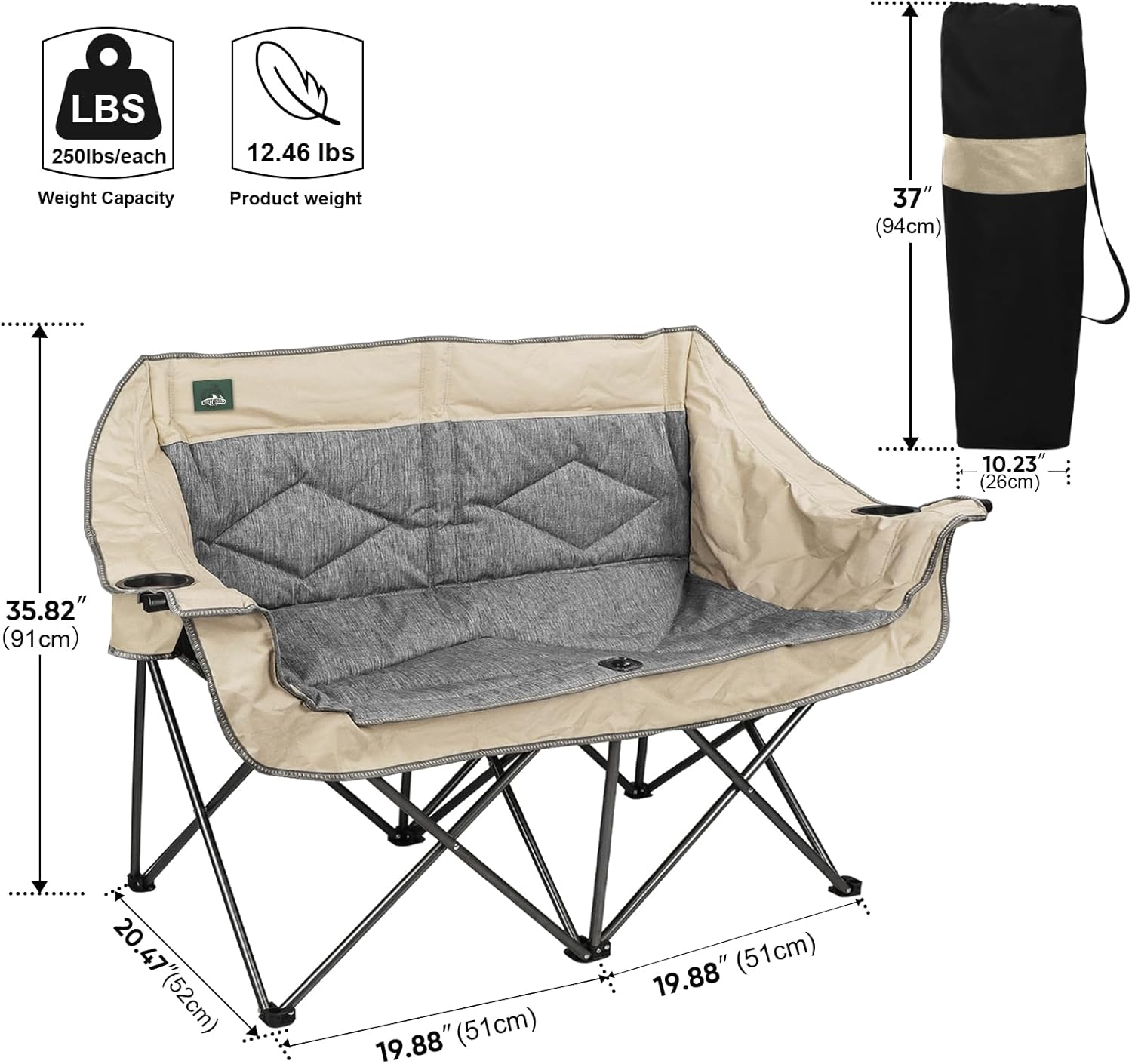 Northroad Folding Loveseat Camping Chair Portable Double Duo Full Padded Garden Chair for 2 Person Sofa W/ 2 Cup Holder,Wine Glass Holder,Mesh Storage,Support 600Lbs for Picnic Beach Travel (Beige) - Bluegrey image number 6
