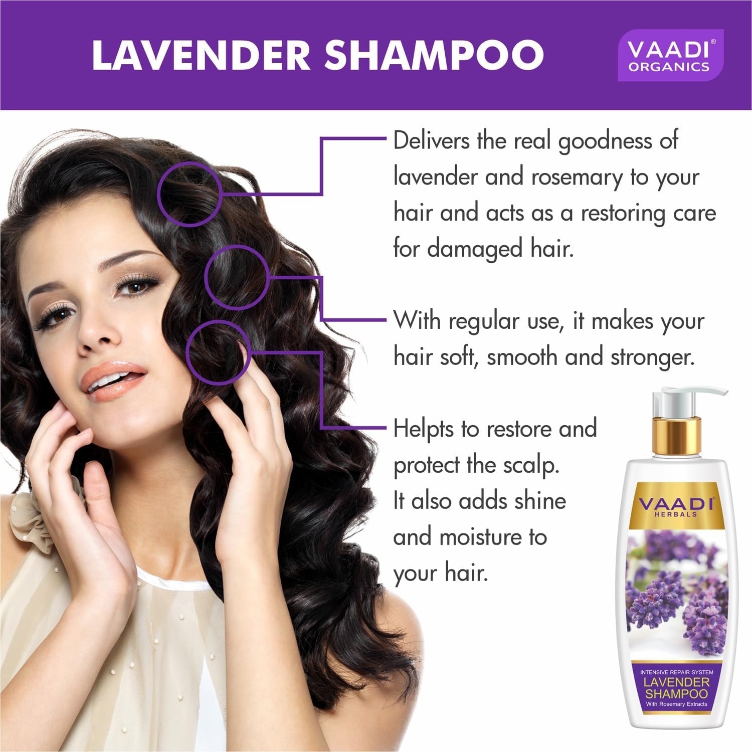 Vaadi Herbals Organic Shampoo Lavender Shampoo with Rosemary Extract-Intensive Repair System - ANTI-DANDRUFF SHAMPOO - Hair Fall and Damage Control Shampoo - All Natural Herbal Shampoo - Paraben Free - Sulfate Free - Scalp Therapy - Moisture Therapy - All Hair Types - 350 Ml image number 4