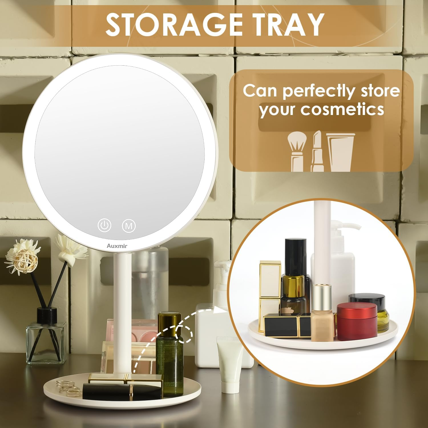 Auxmir Cosmetic Mirror 1 X with Small 10 X Illuminated Makeup Mirror with 46 Leds 3 Light Colours and Dimmable Brightness, USB Rechargeable Table Mirror Touch Switch Makeup Mirror 90&deg; Swivelling image number 4