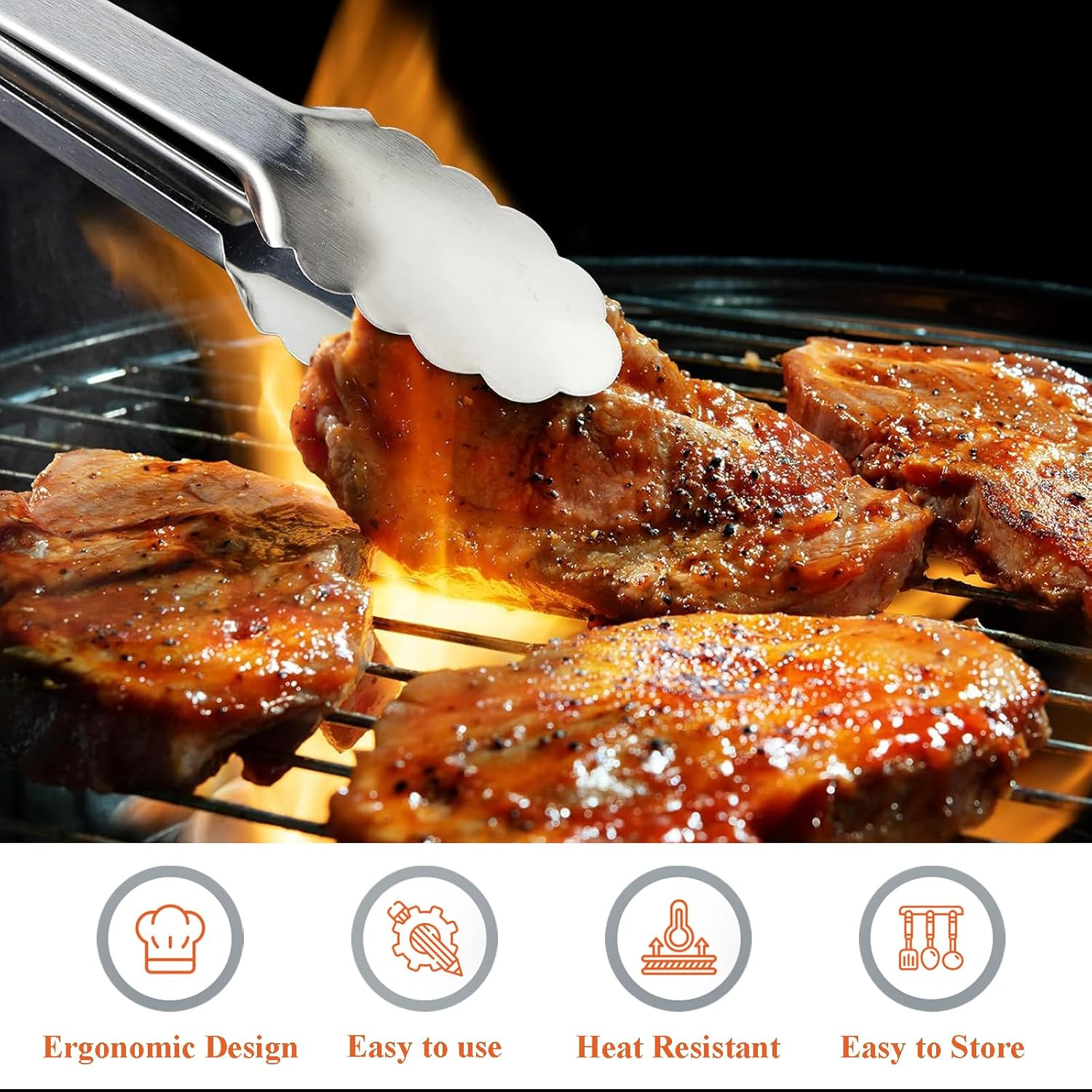 Tongs for Cooking, 12-Inch Stainless Steel Kitchen Tongs, Locking Metal Food Tongs with Silicone Non-Slip Grip, Kitchen Utensils Tongs for Food, Salad and Outdoor BBQ (Set of 4)